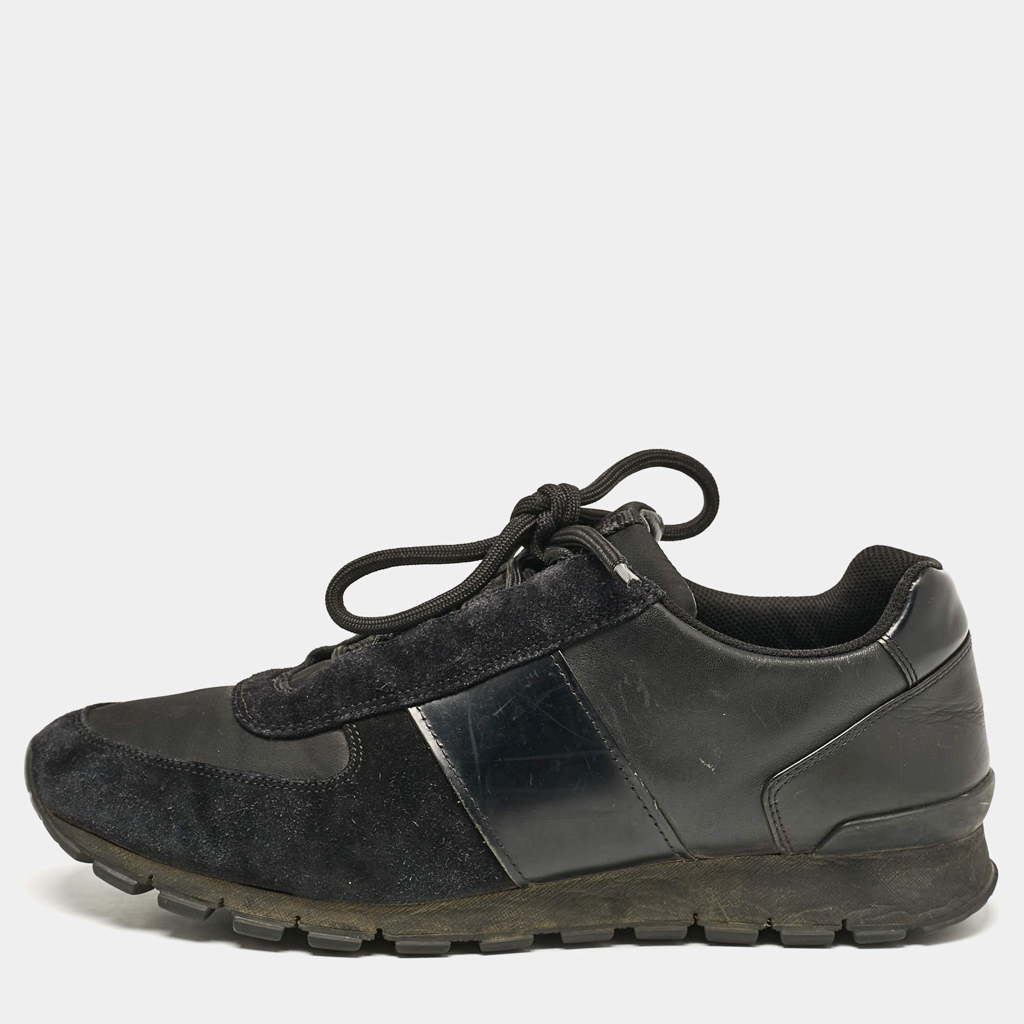 Prada Black Leather and Suede Lace Up Sneakers Size 44.5