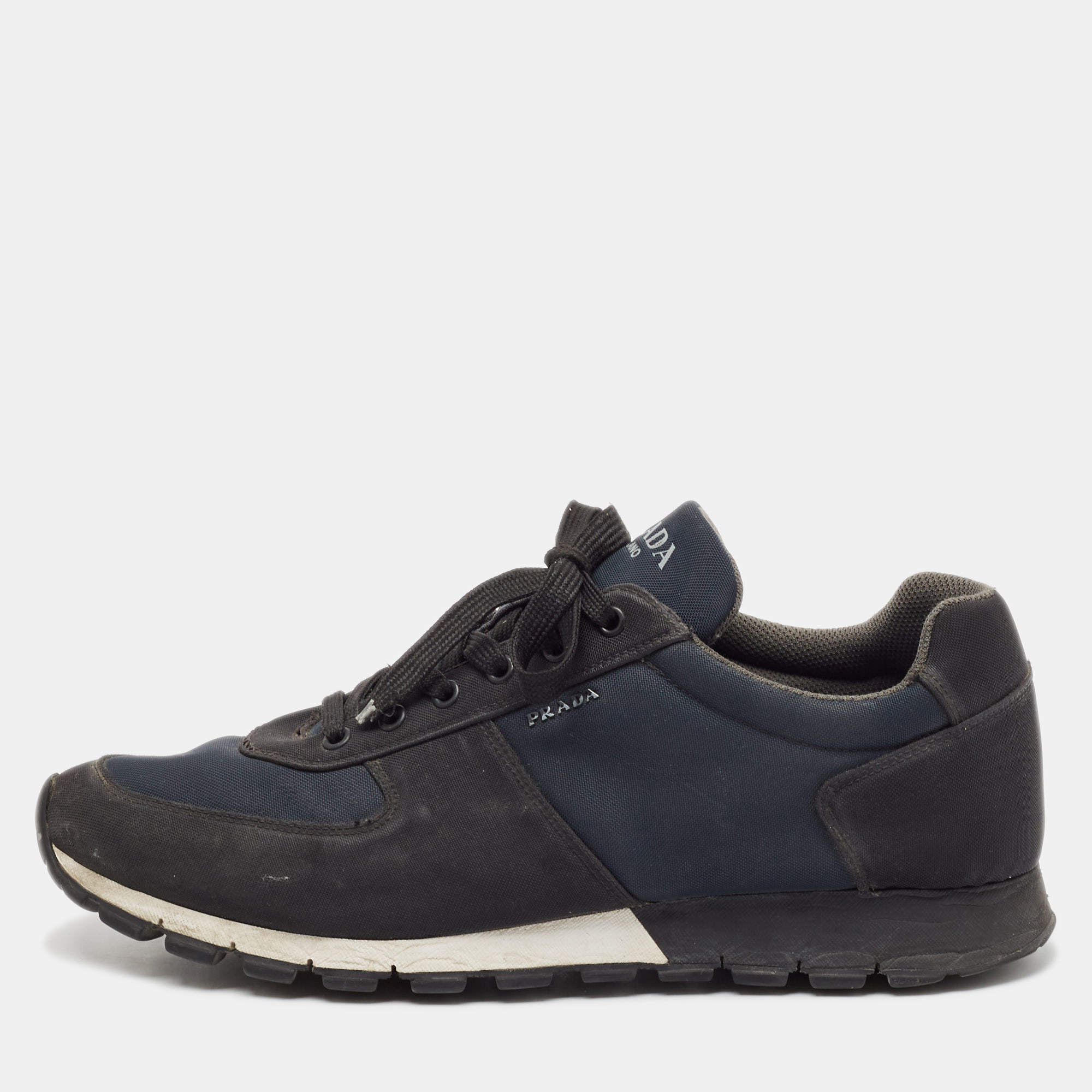 Prada Sport Black/Blue Canvas Low-Top Sneakers Size 46
