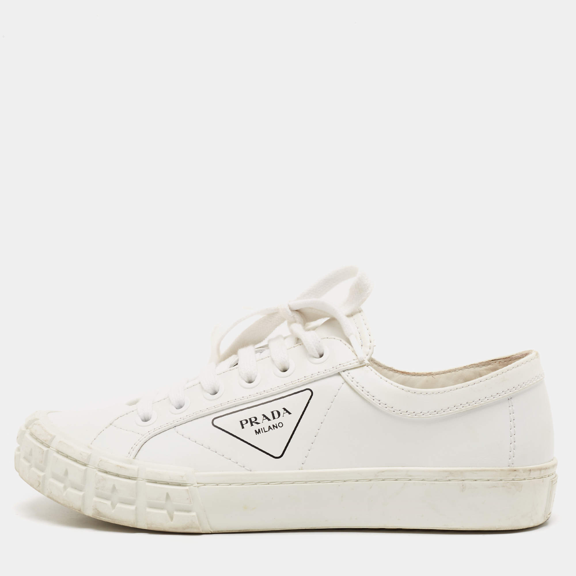 Prada White Leather Cassetta Wheel Sneakers Size 40.5