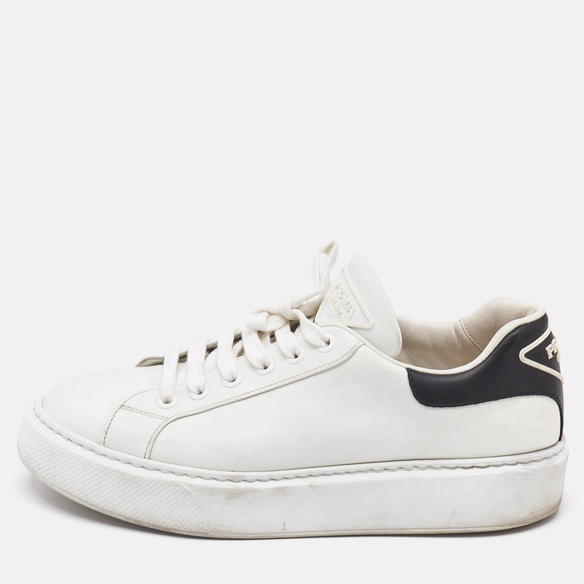 Prada White/Black Leather Macro Low Top Sneakers Size 42