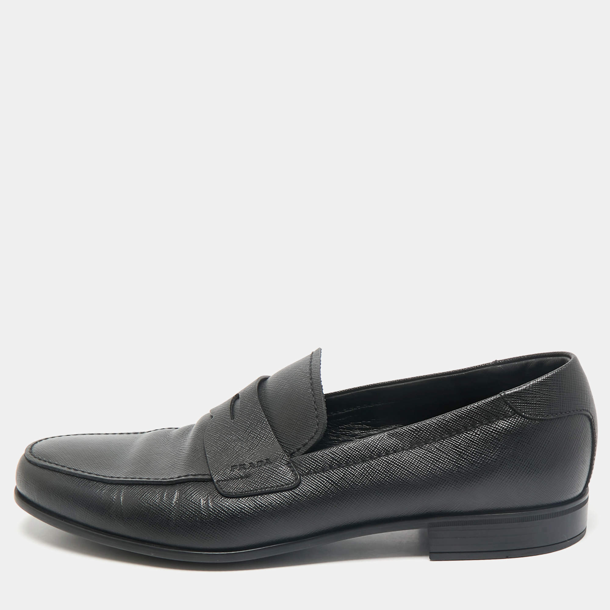 Prada Black Saffiano Leather Slip On Loafers Size 43