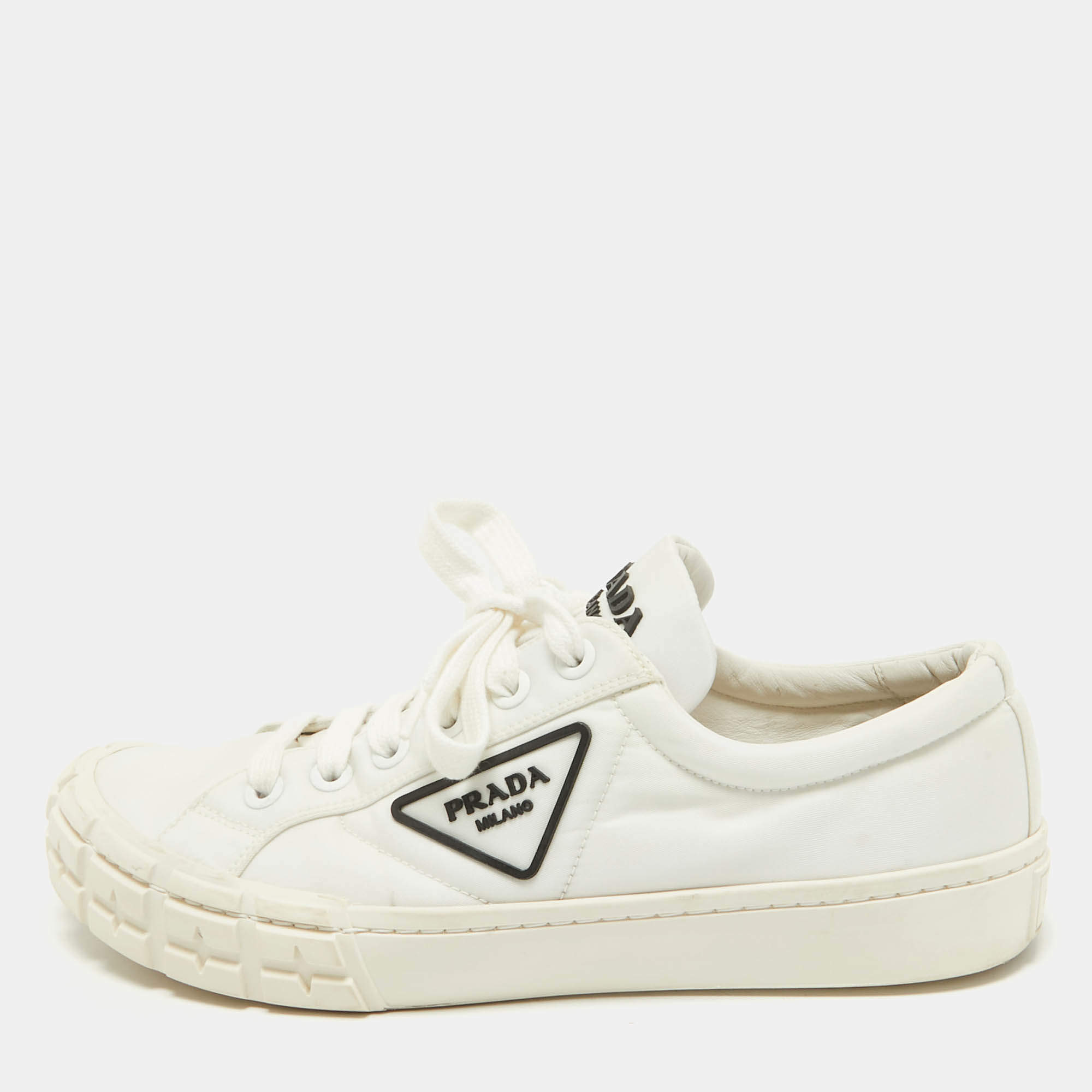 Prada White Nylon Double Wheel Lace Up Sneakers Size 41