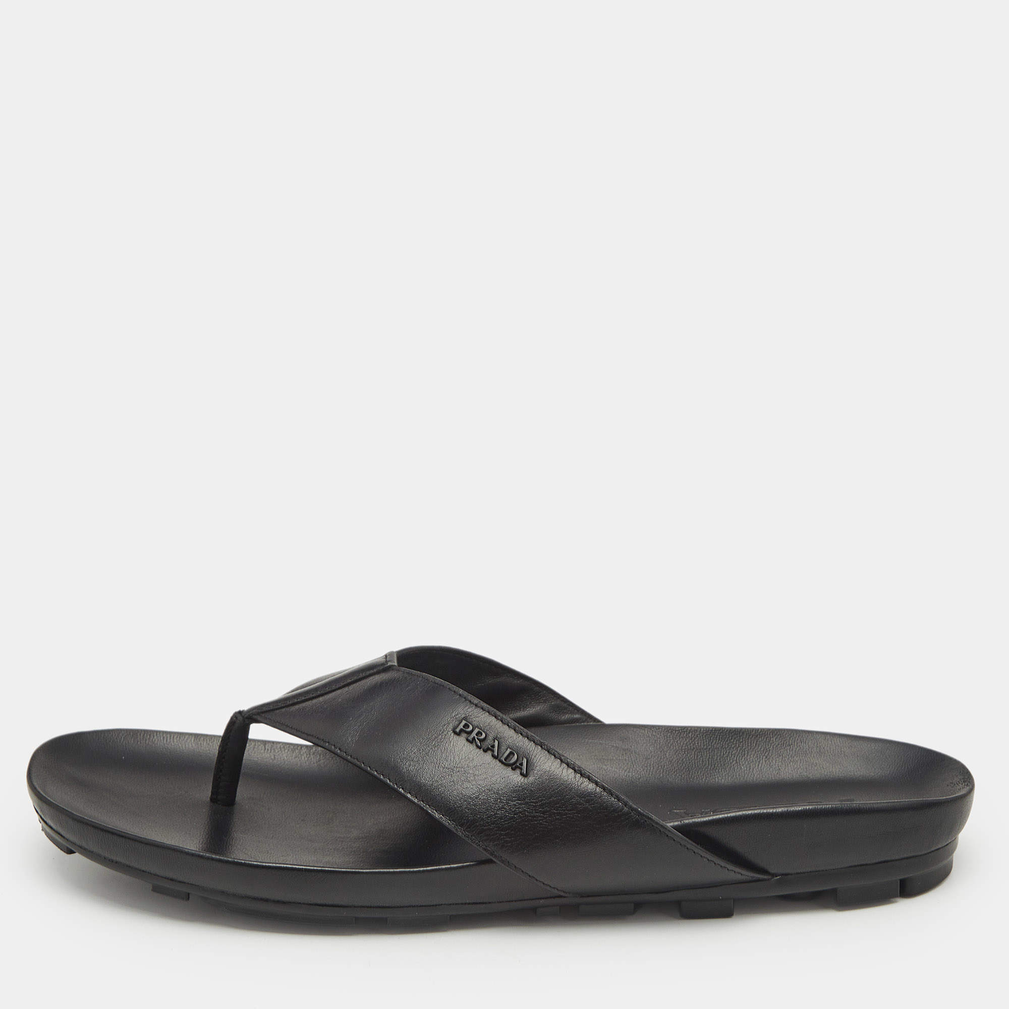 Prada Black Leather Thong Flat Sandals Size 46