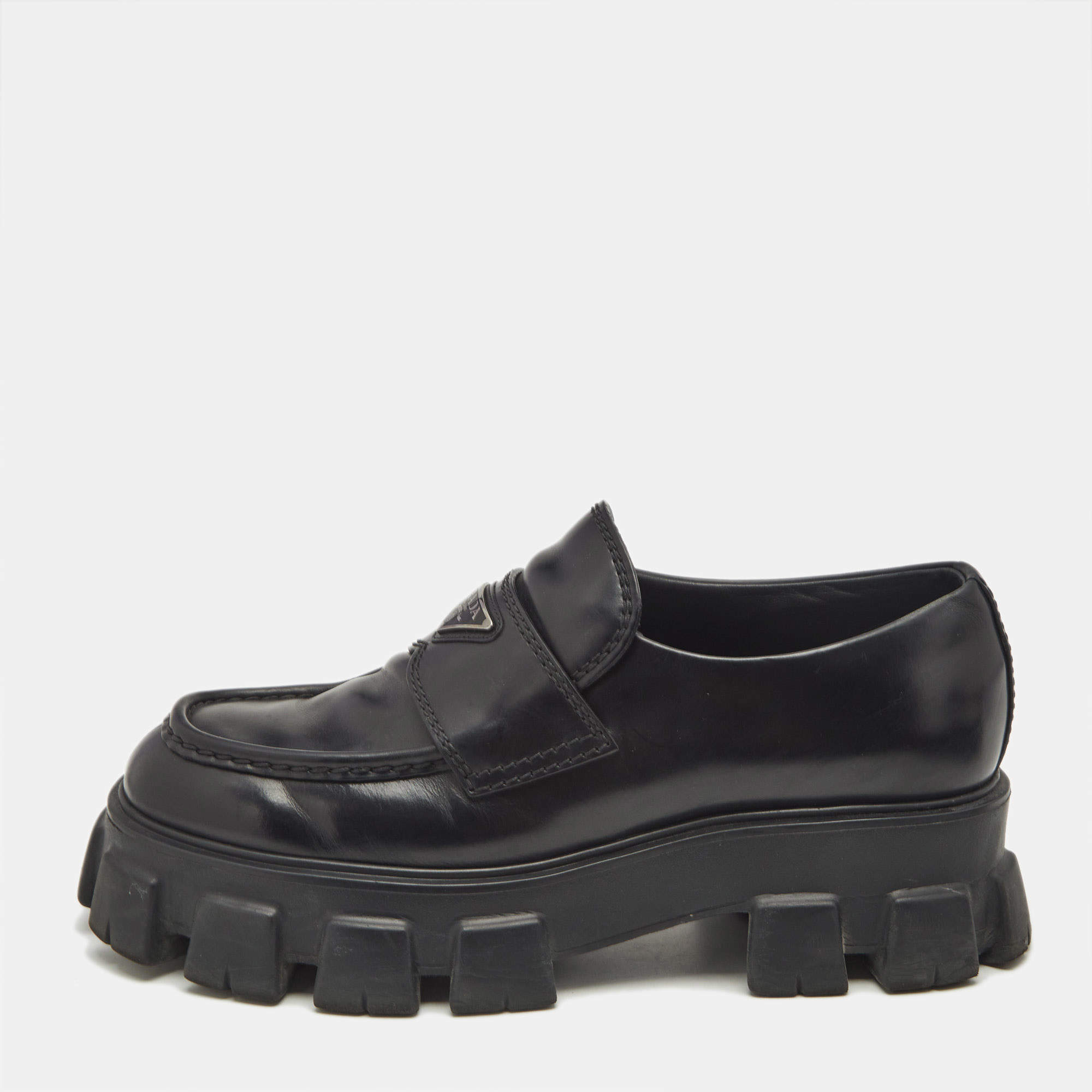 Prada Black Brushed Leather Monolith Loafers Size 42
