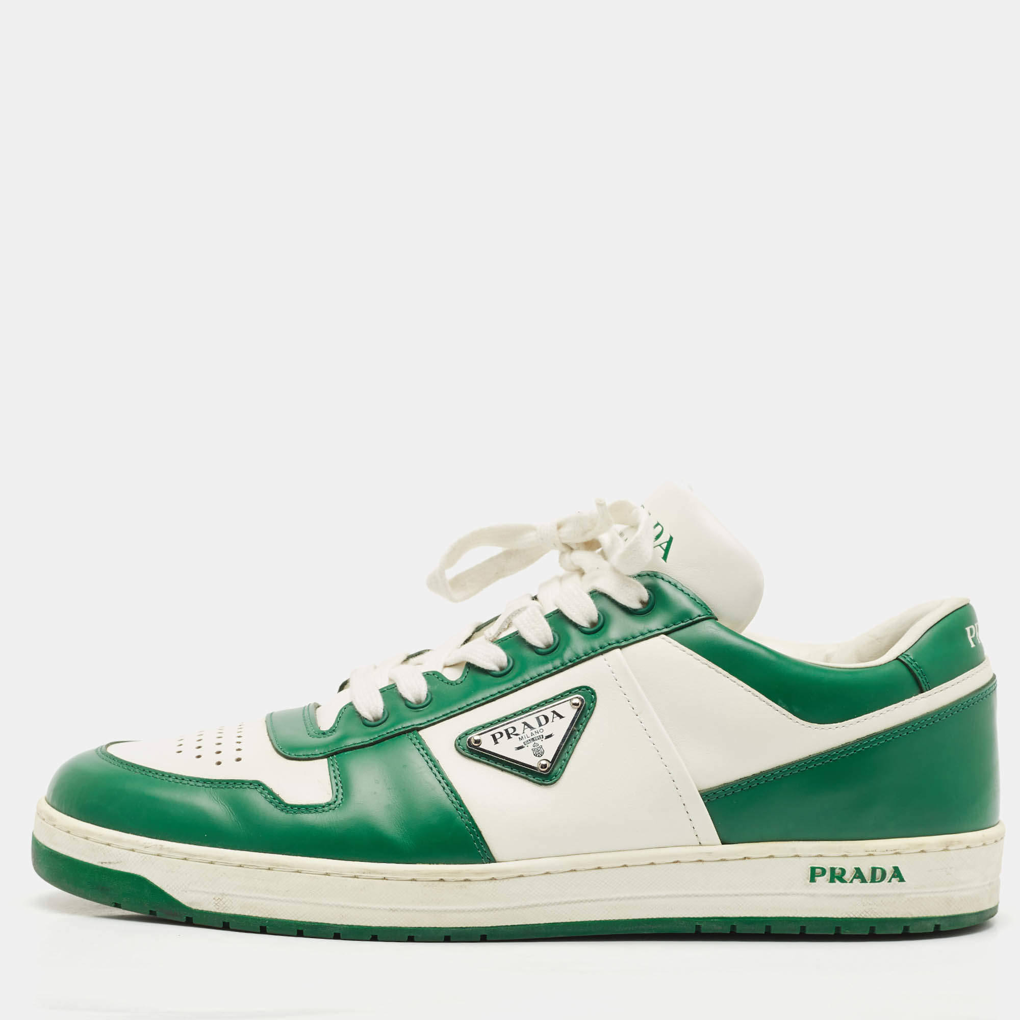 Pre Owned حذاء رياضي برادا لأسفل أعلى جلد أبيض/أخضر مقاس 45