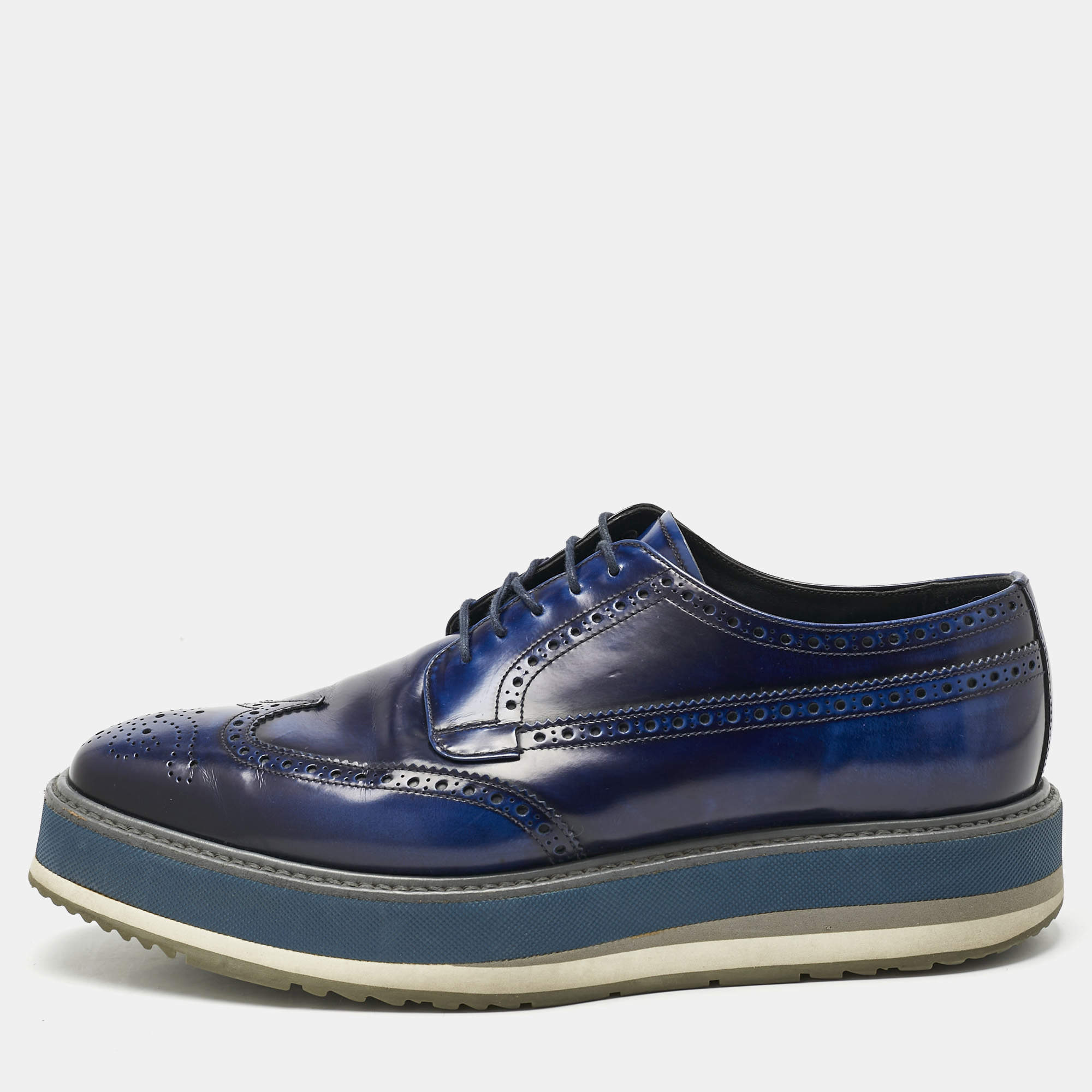 Pre Owned Prada Blue Ombre Brogue Leather Lace Up Derby Size 42.5