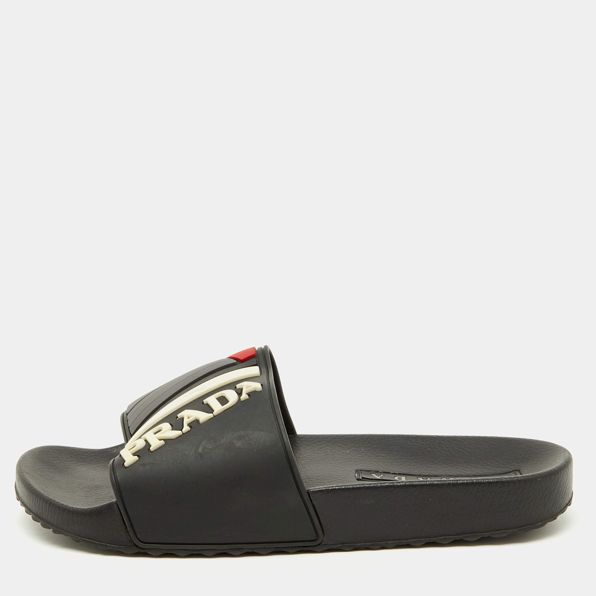 Pre Owned Prada Black Rubber Logo Flat Pool Slide Sandals Size 40