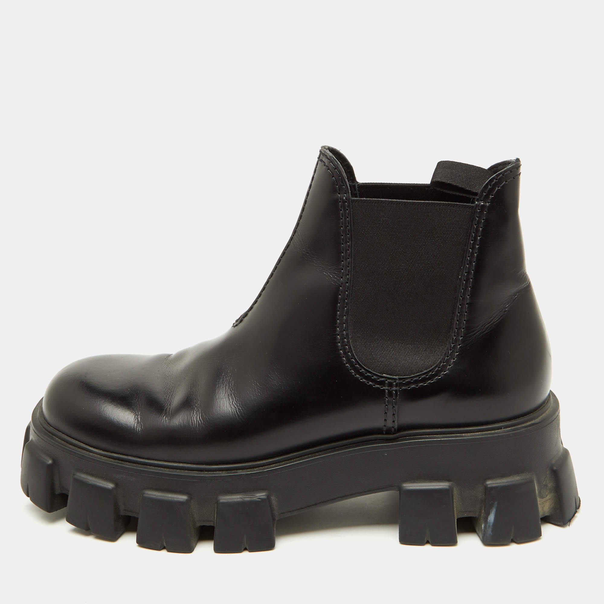 Pre Owned Prada Black Brushed Leather Monolith Platform Chelsea Boots Size 41