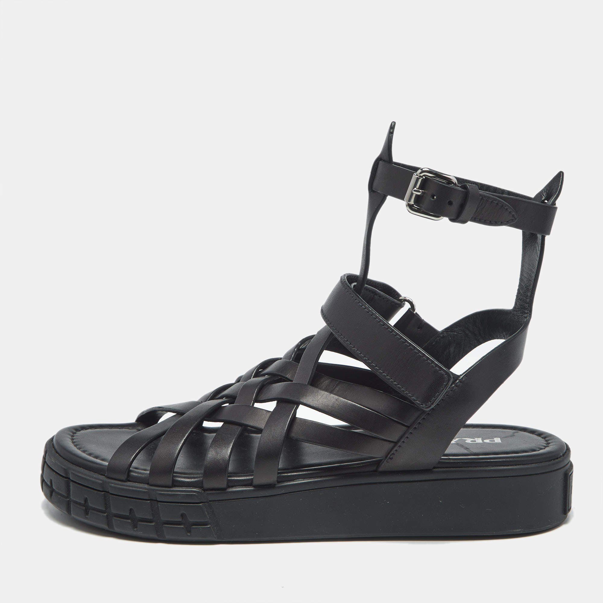 Pre Owned Prada Black Leather Gladiator Flat Sandals Size 40