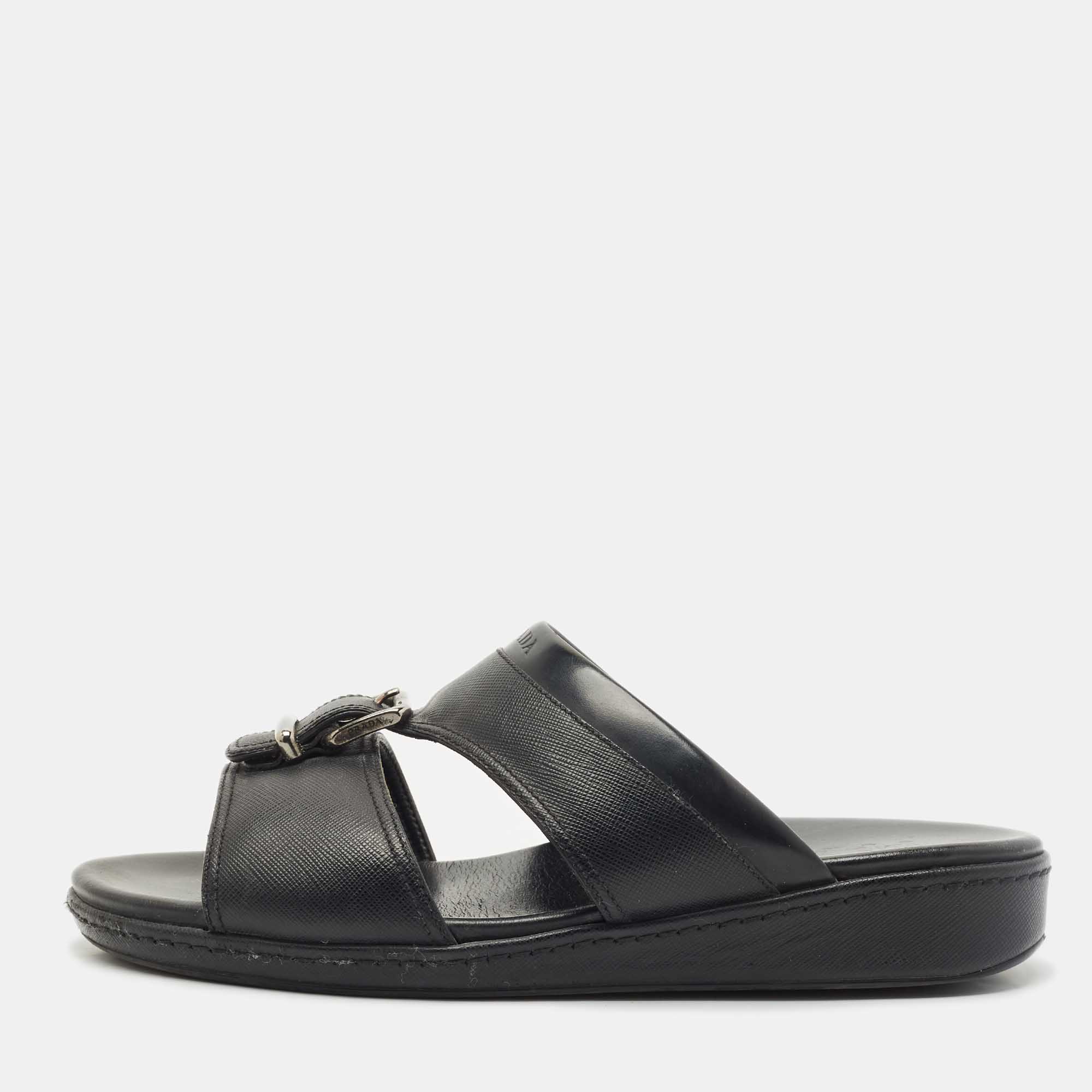 Pre Owned Prada Black Saffiano Leather Buckle Slide Flat Sandals Size 41