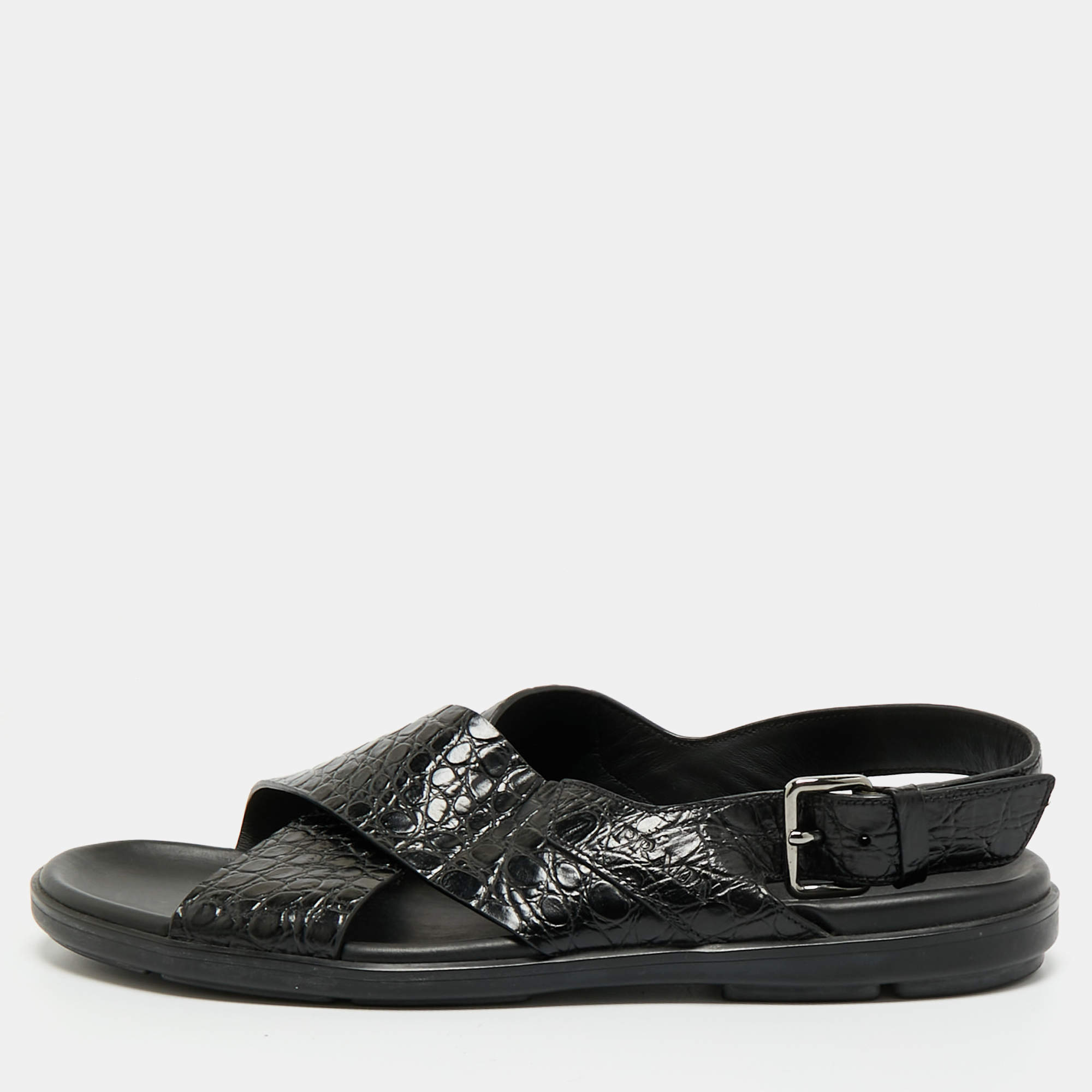 Pre Owned Prada Black Croc Embossed Leather Crisscross Flat Sandals Size 44