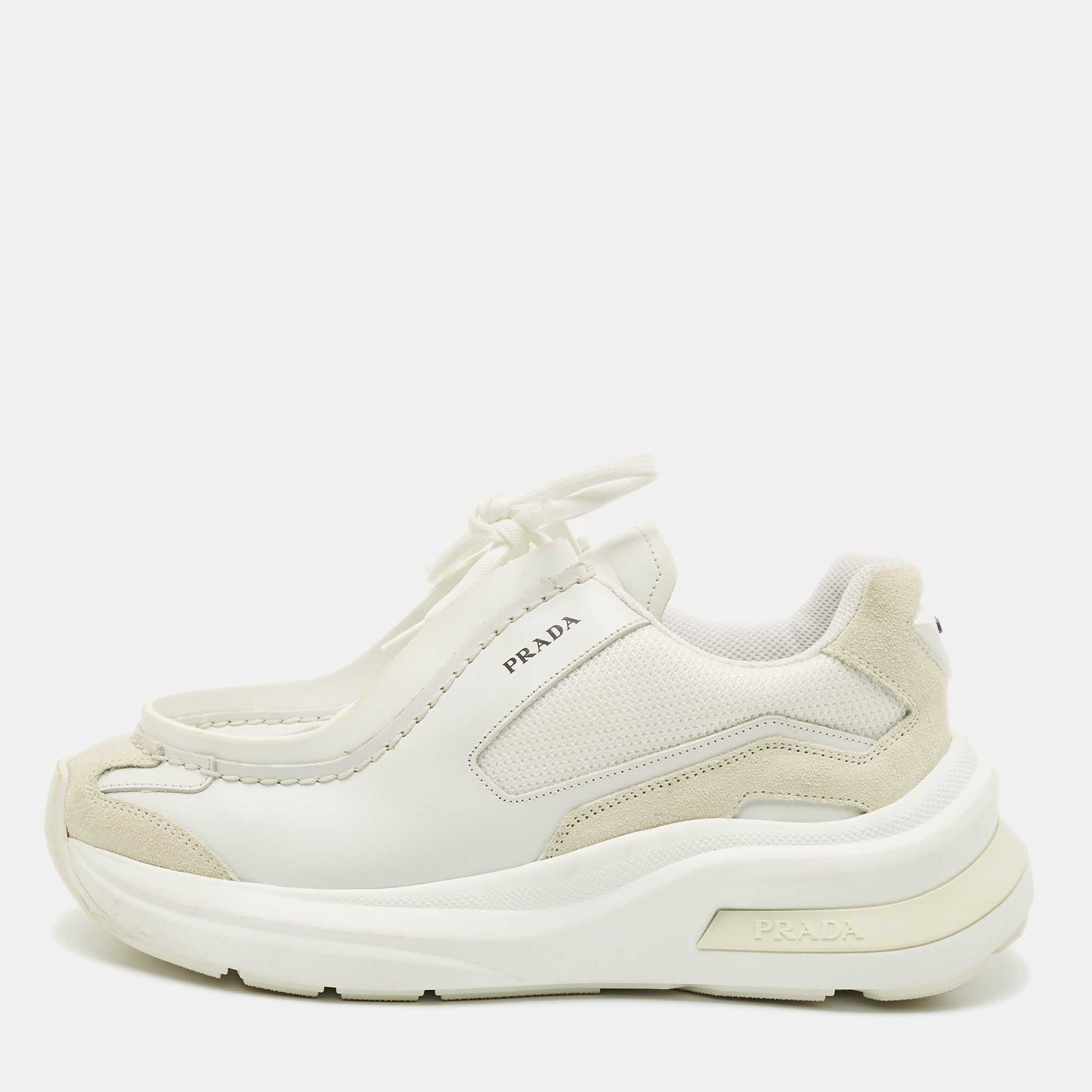 Pre Owned Prada White Fabric and Leather Systeme Lace Up Sneakers Size 41