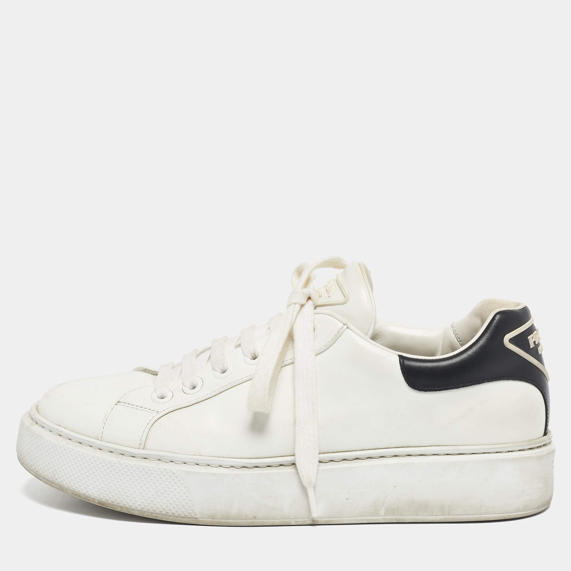 Pre Owned Prada White/Black Leather Macro Low Top Sneakers Size 41.5