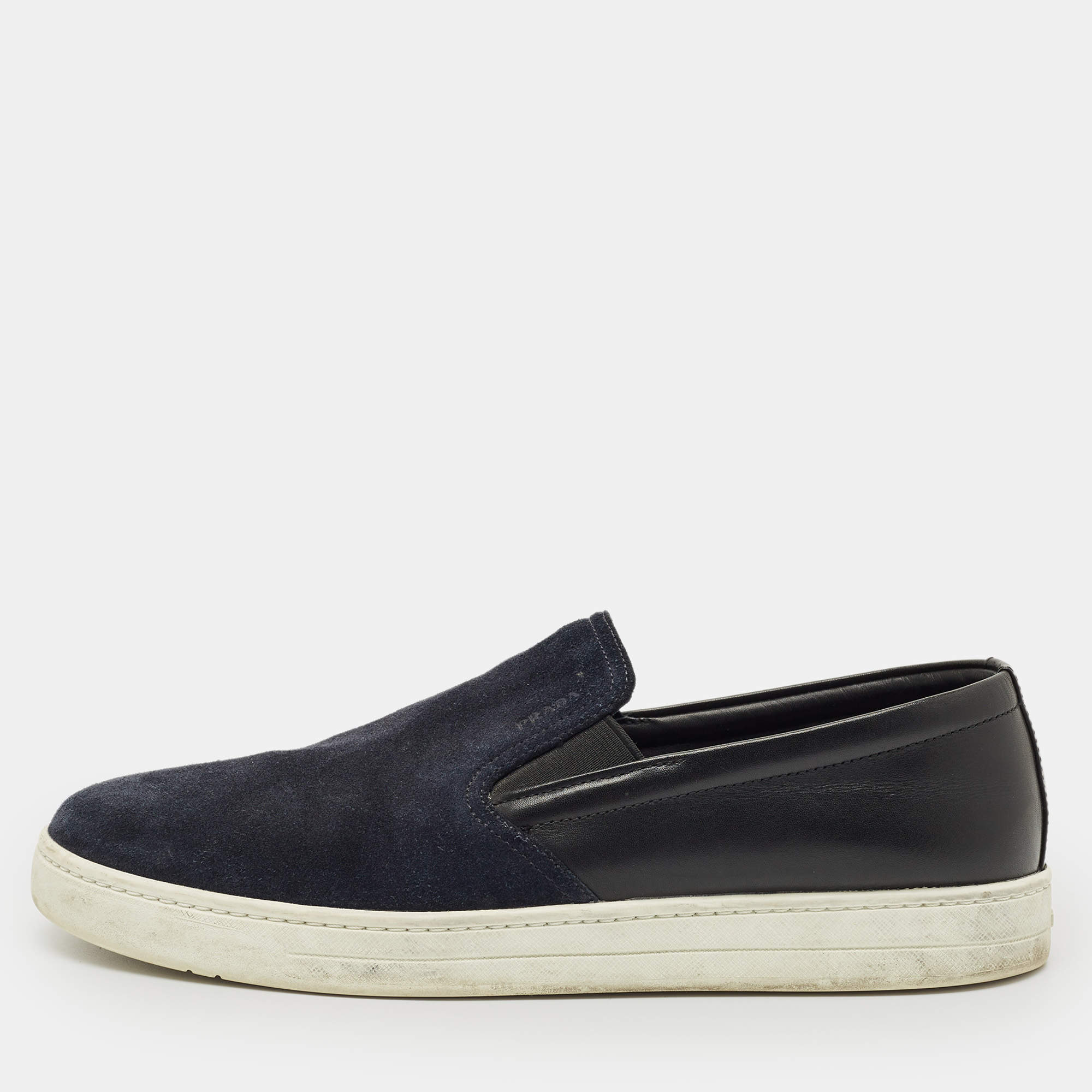 Pre Owned Prada Navy Blue Leather and Suede Slip On Sneakers Size 41.5