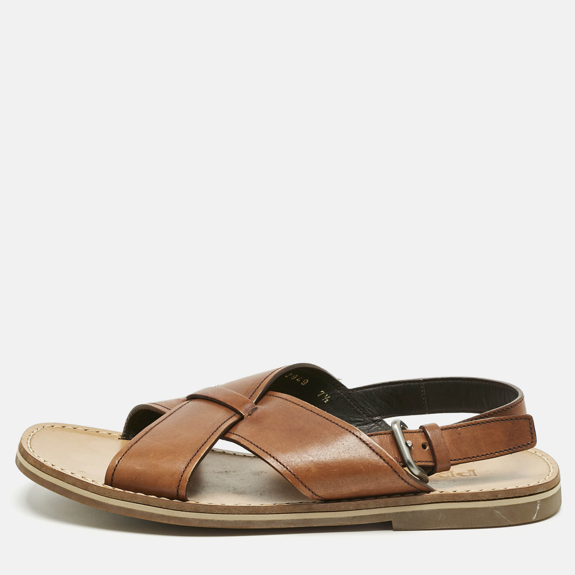 Pre Owned Prada Brown Leather Slingback Flat Sandals Size 41.5