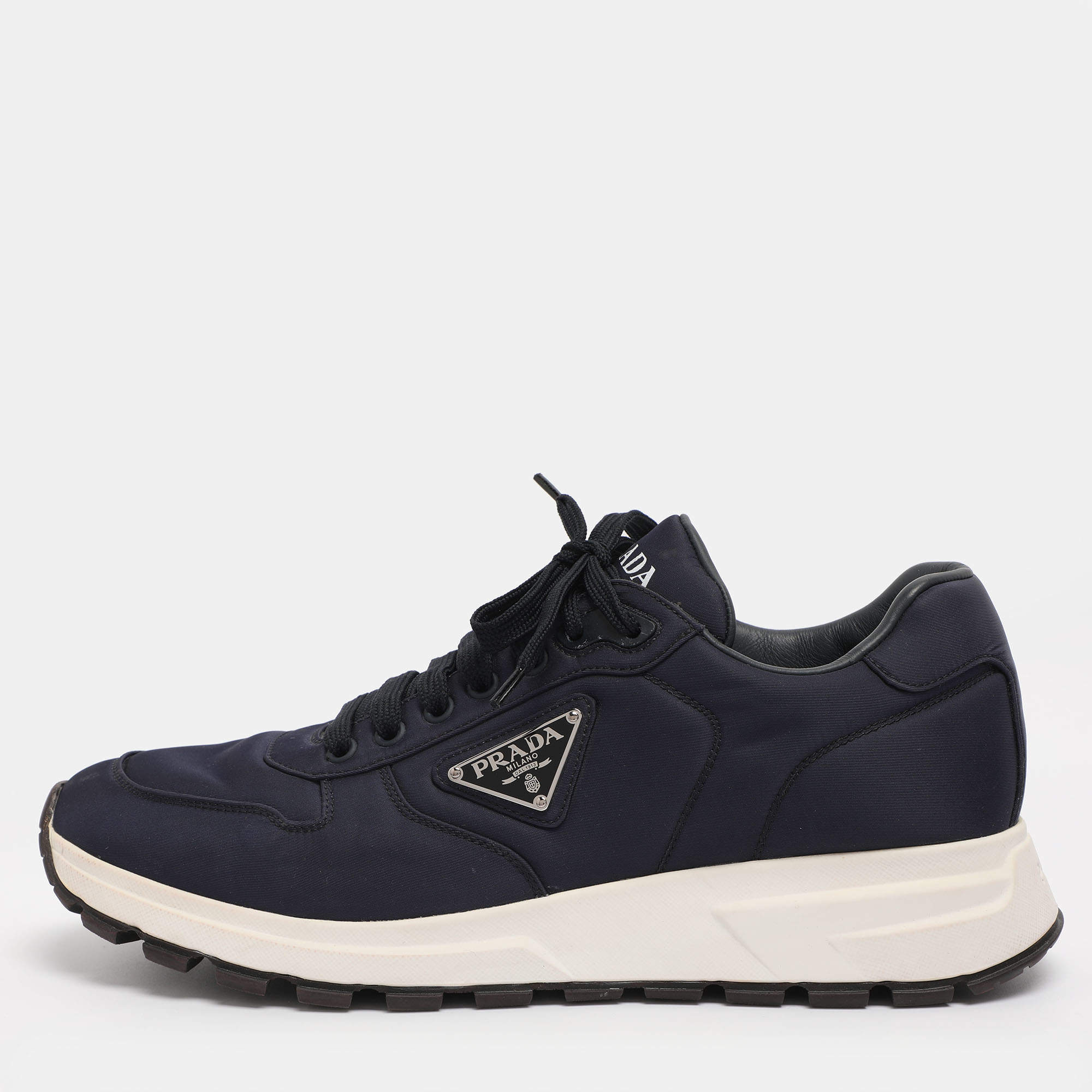 Pre Owned Prada Navy Blue Leather and Nylon Prax 01 Sneakers Size 43.5