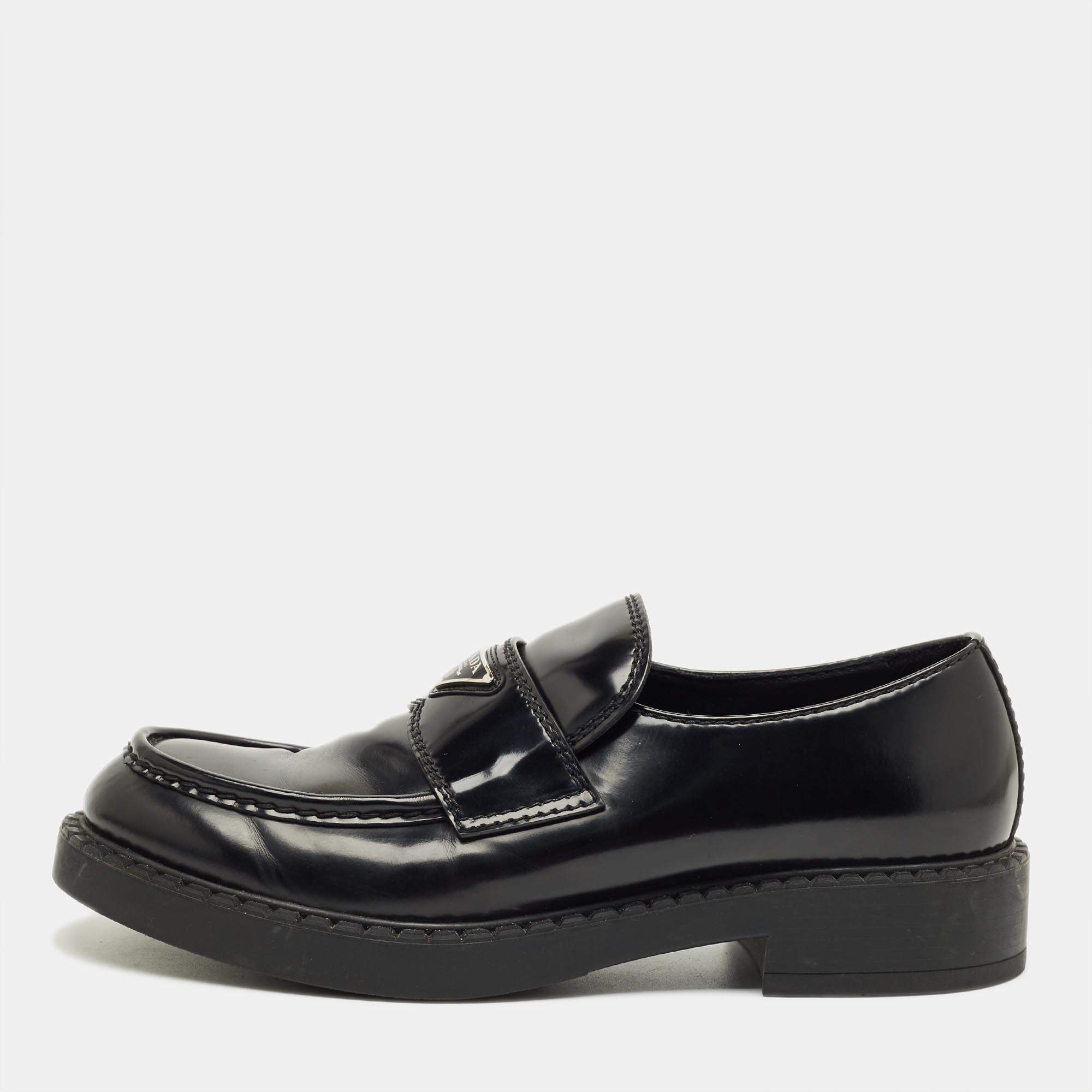 Pre Owned Prada Black Brushed Leather Slip On Platform Loafers Size 44.5