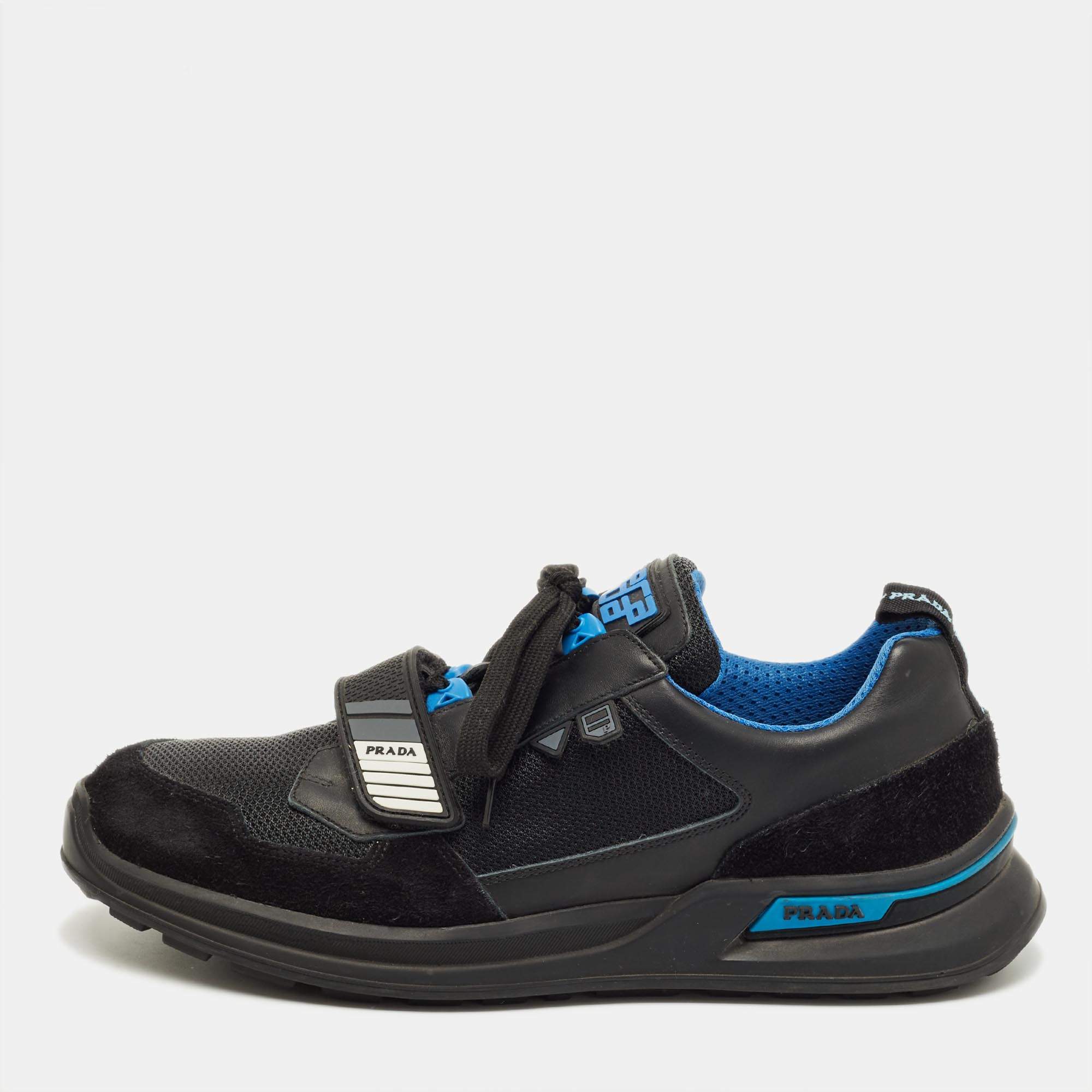 Pre Owned Prada Black/Blue Leather, Suede and Mesh Mechano Sneakers Size 45