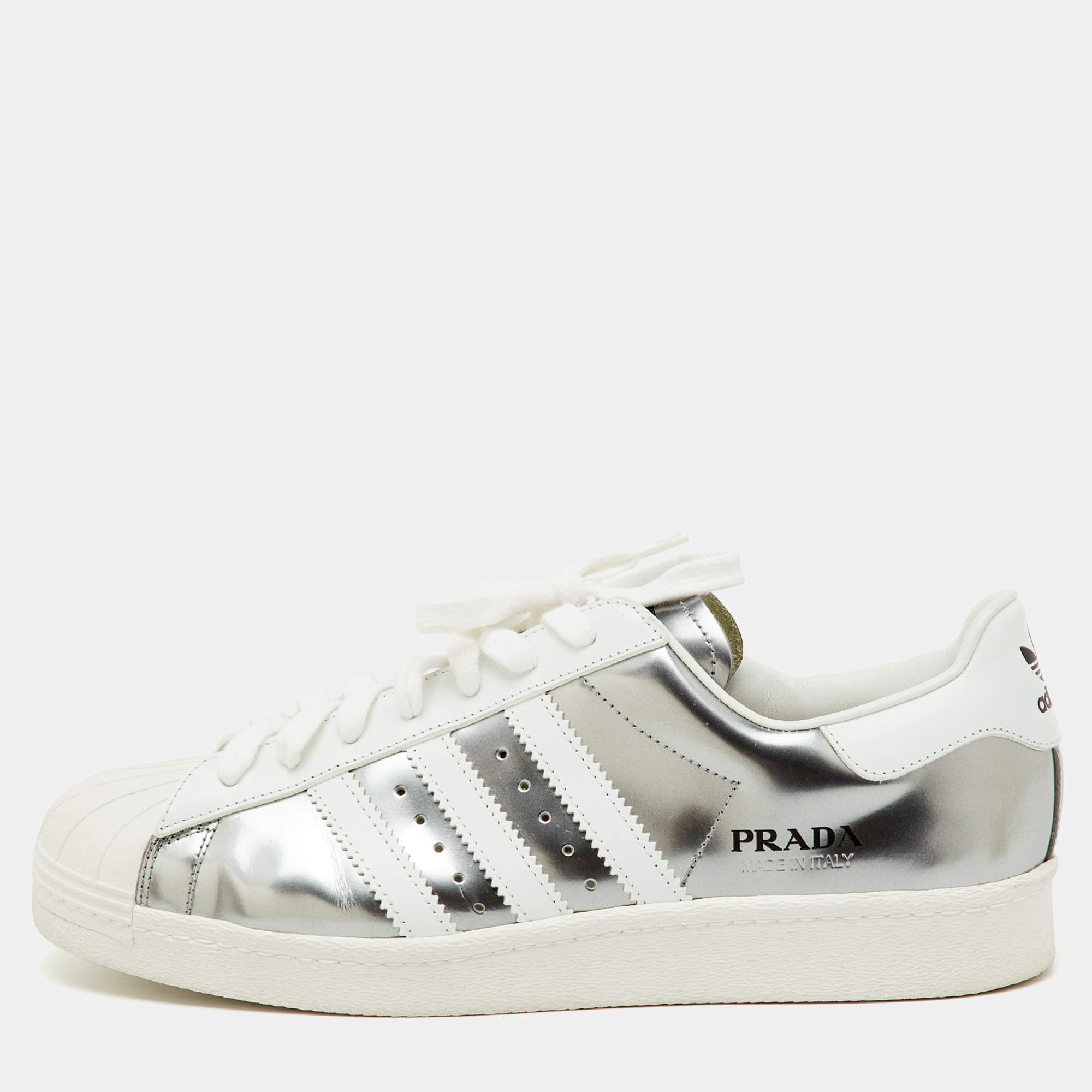 Pre Owned Prada x Adidas Silver/White Leather Superstar Low Top Sneakers Size 43 1/3