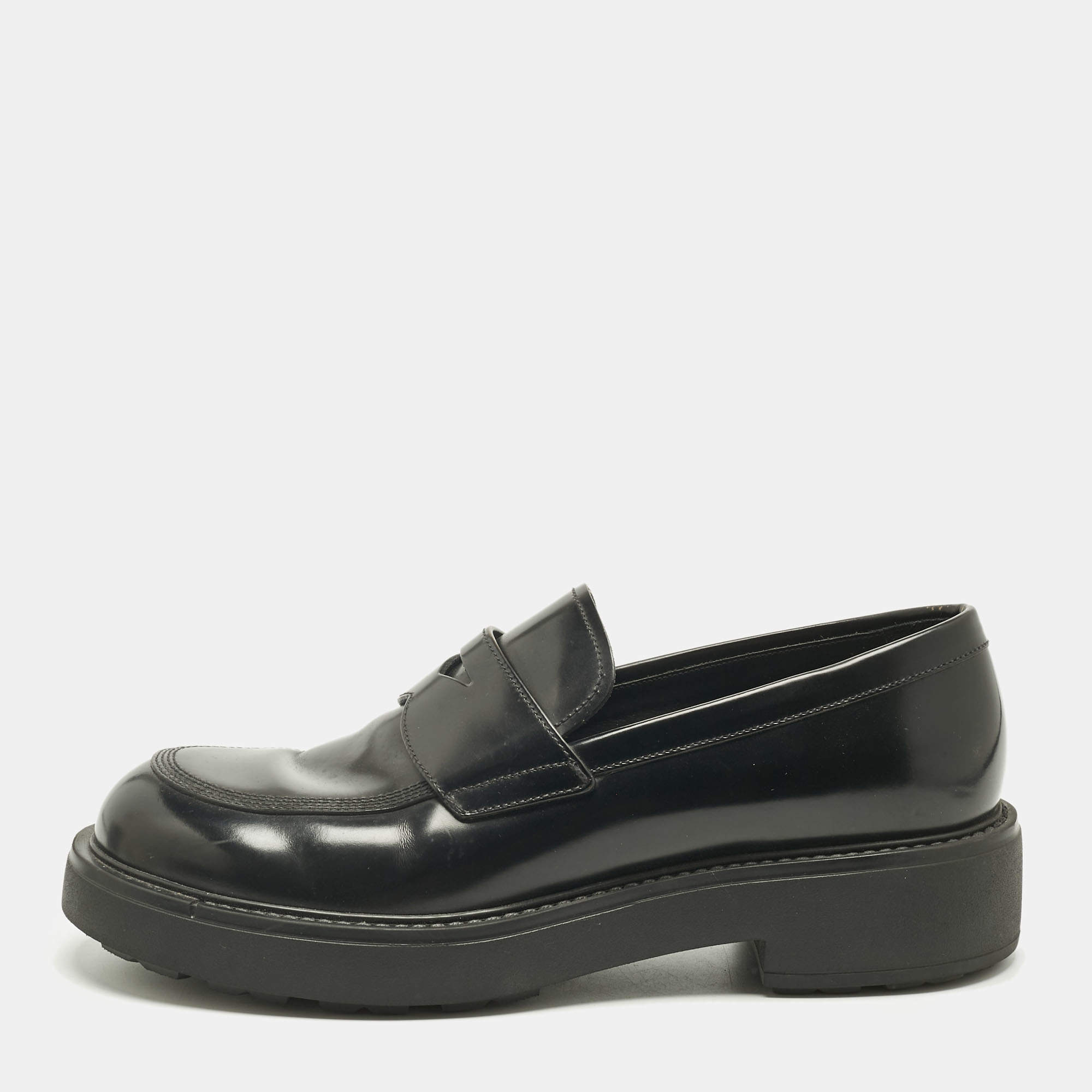 Pre Owned Prada Black Leather Slip On Loafers Size 42