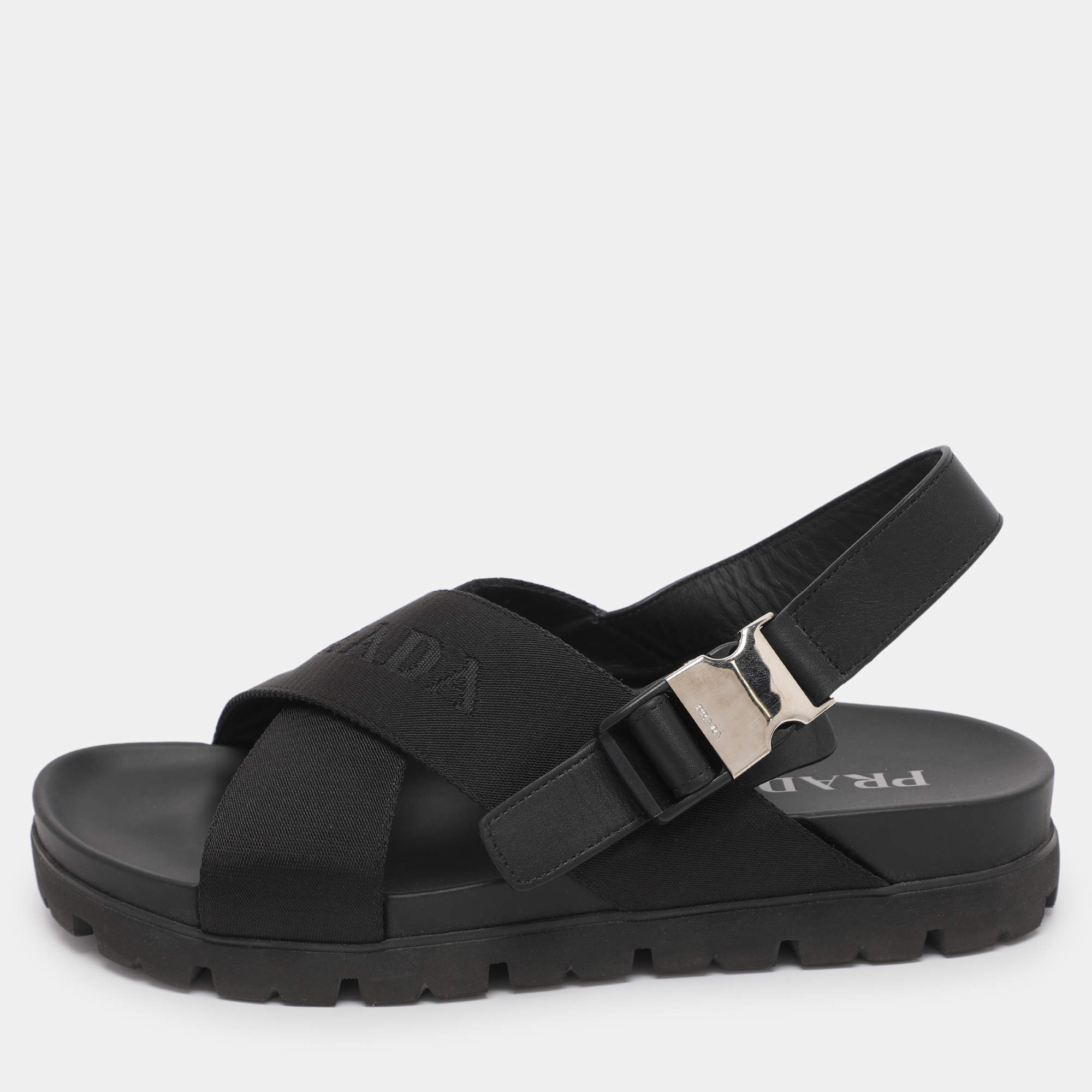 Pre Owned Prada Black Balistic Nylon Cross Strap Slide Sandals Size 44
