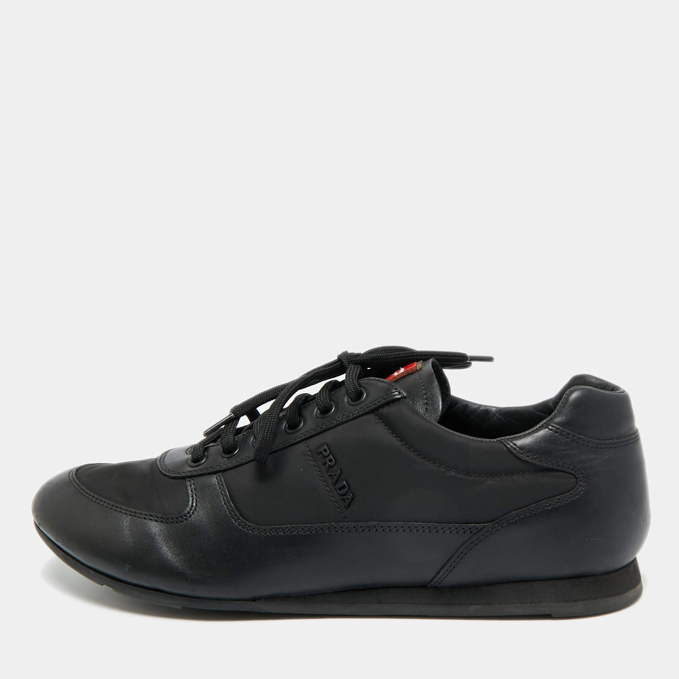 Pre Owned Prada Black Leather and Nylon Lace Up Sneakers Size 42 