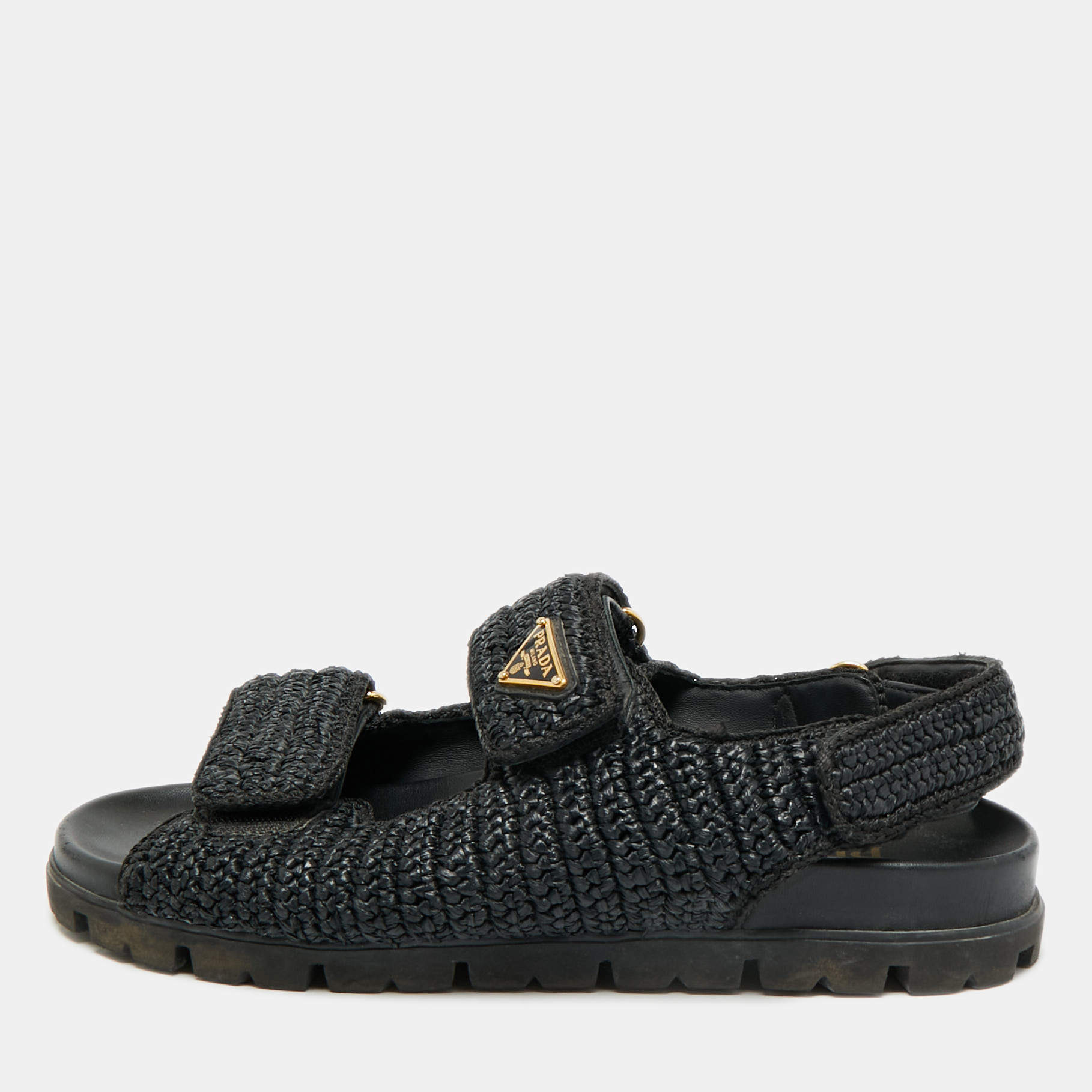 Pre Owned صندل فلات حزام خلفي برادا قش منسوج أسود مقاس 41