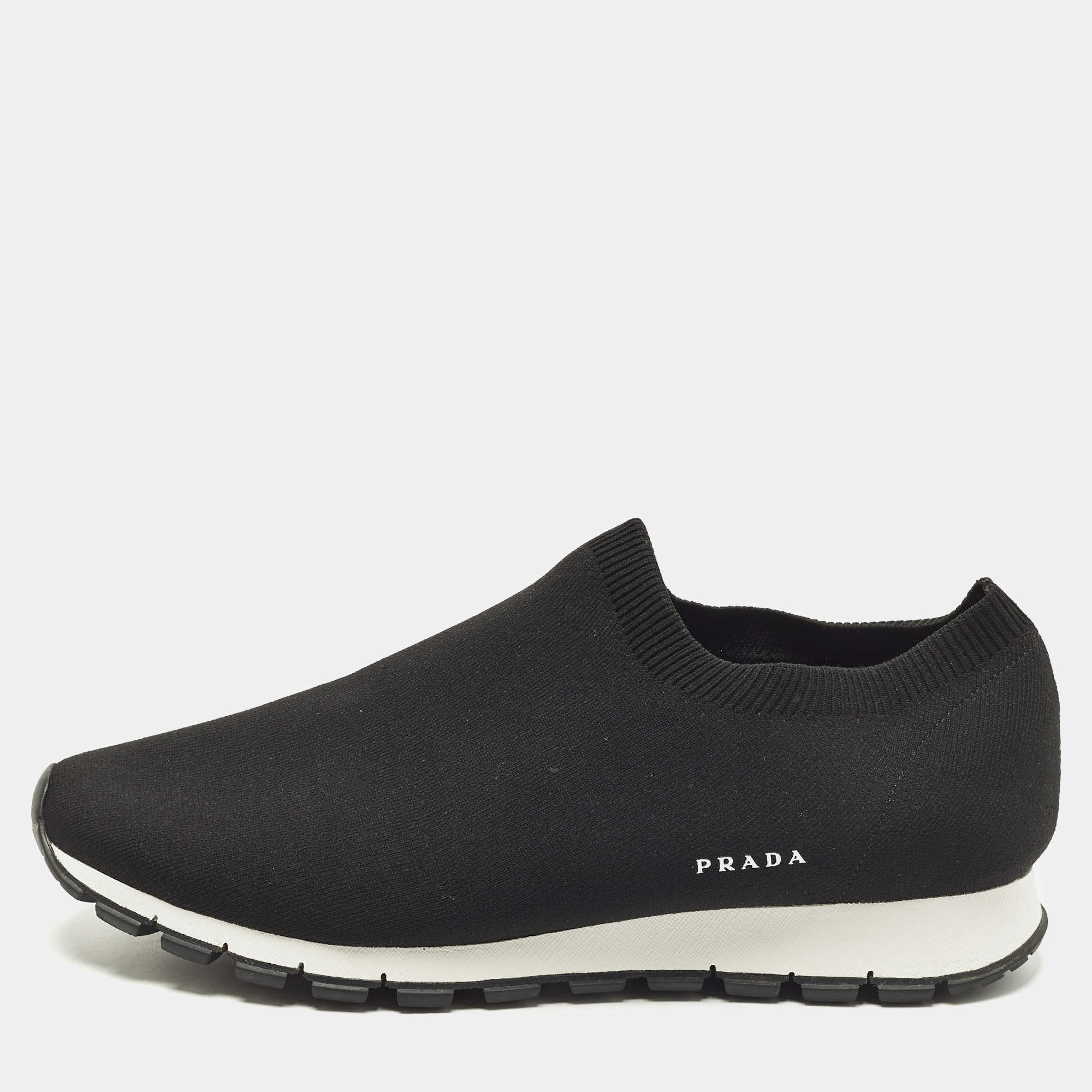 Pre Owned Prada Size 44 Black Knit Fabric Slip On Sneakers