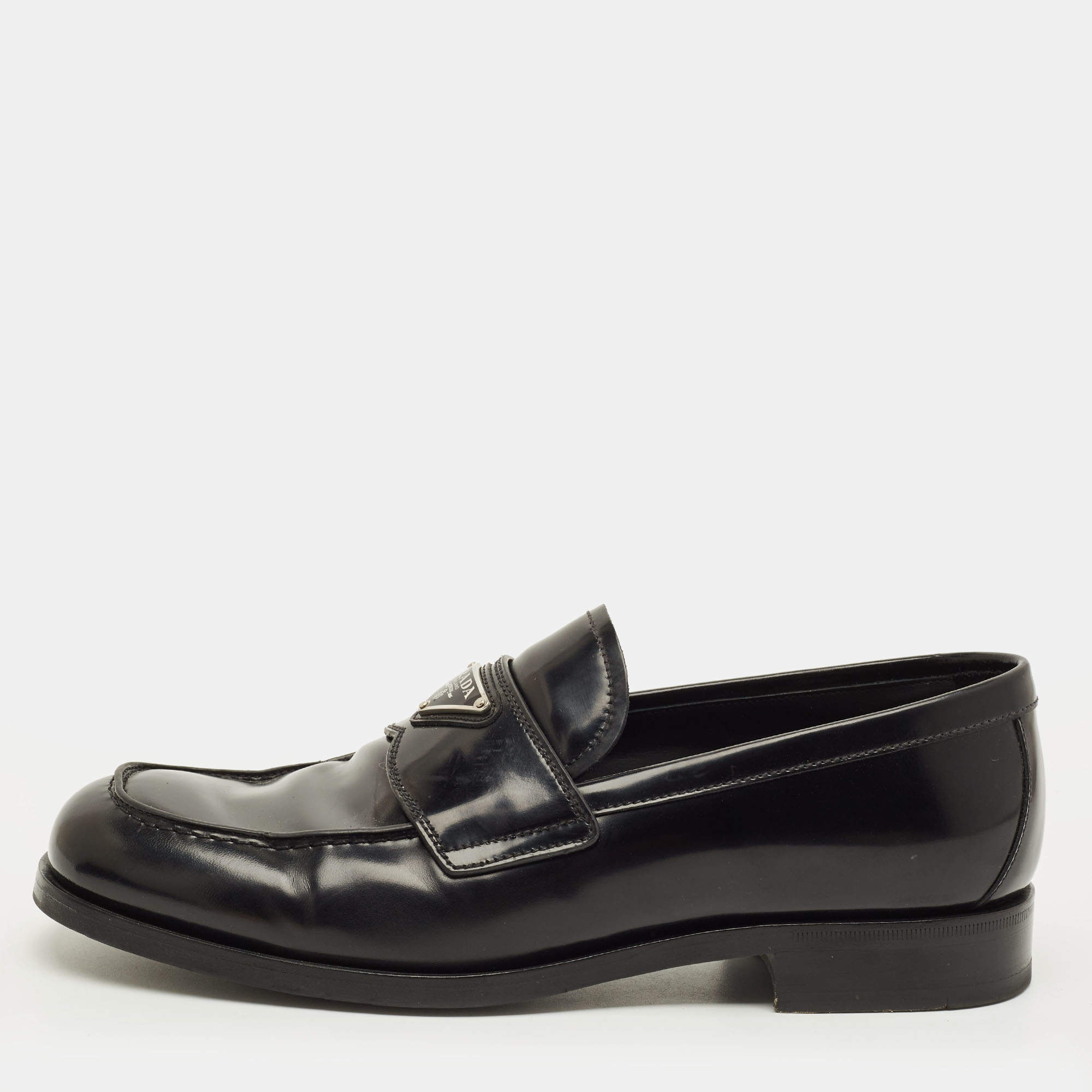 Pre Owned Prada Glossy Size 42 Black Leather Penny Loafers