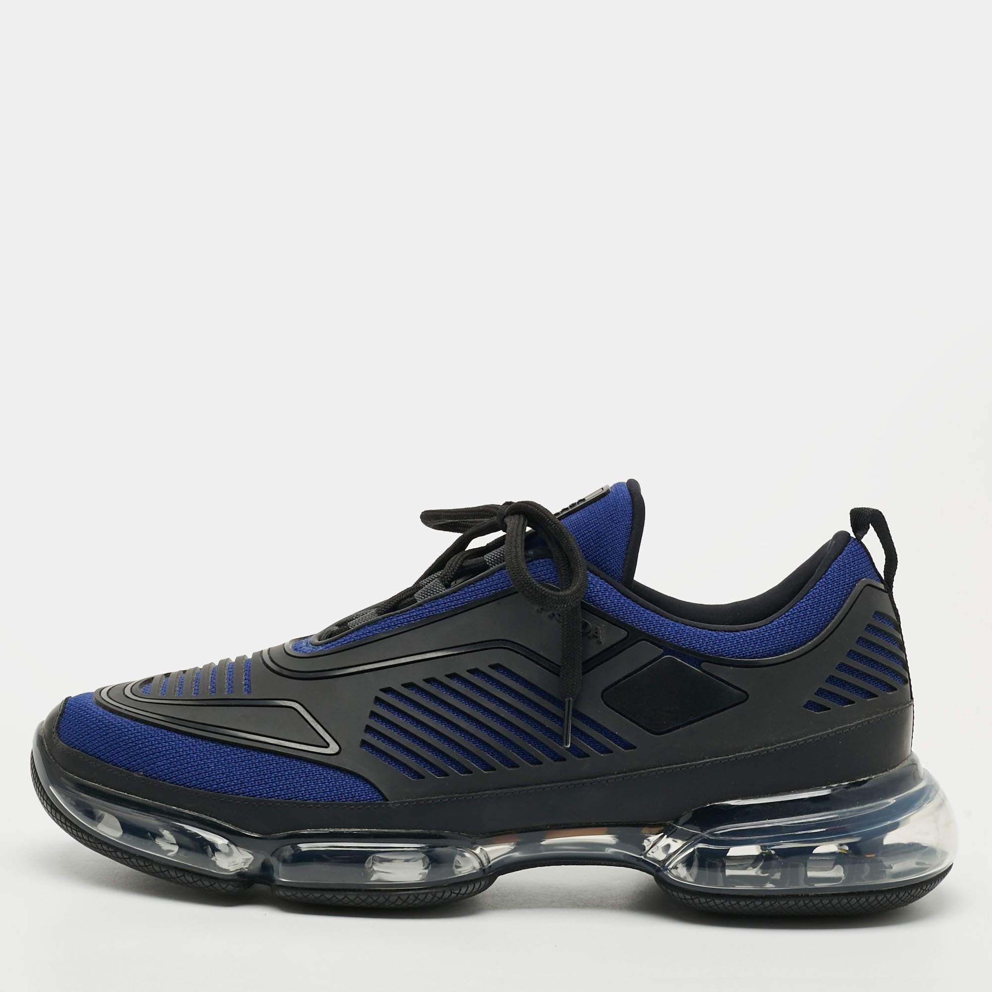 Pre Owned Prada Cloudbust Size 44 Black/Blue Knit Fabric and Rubber Lace Up Sneakers