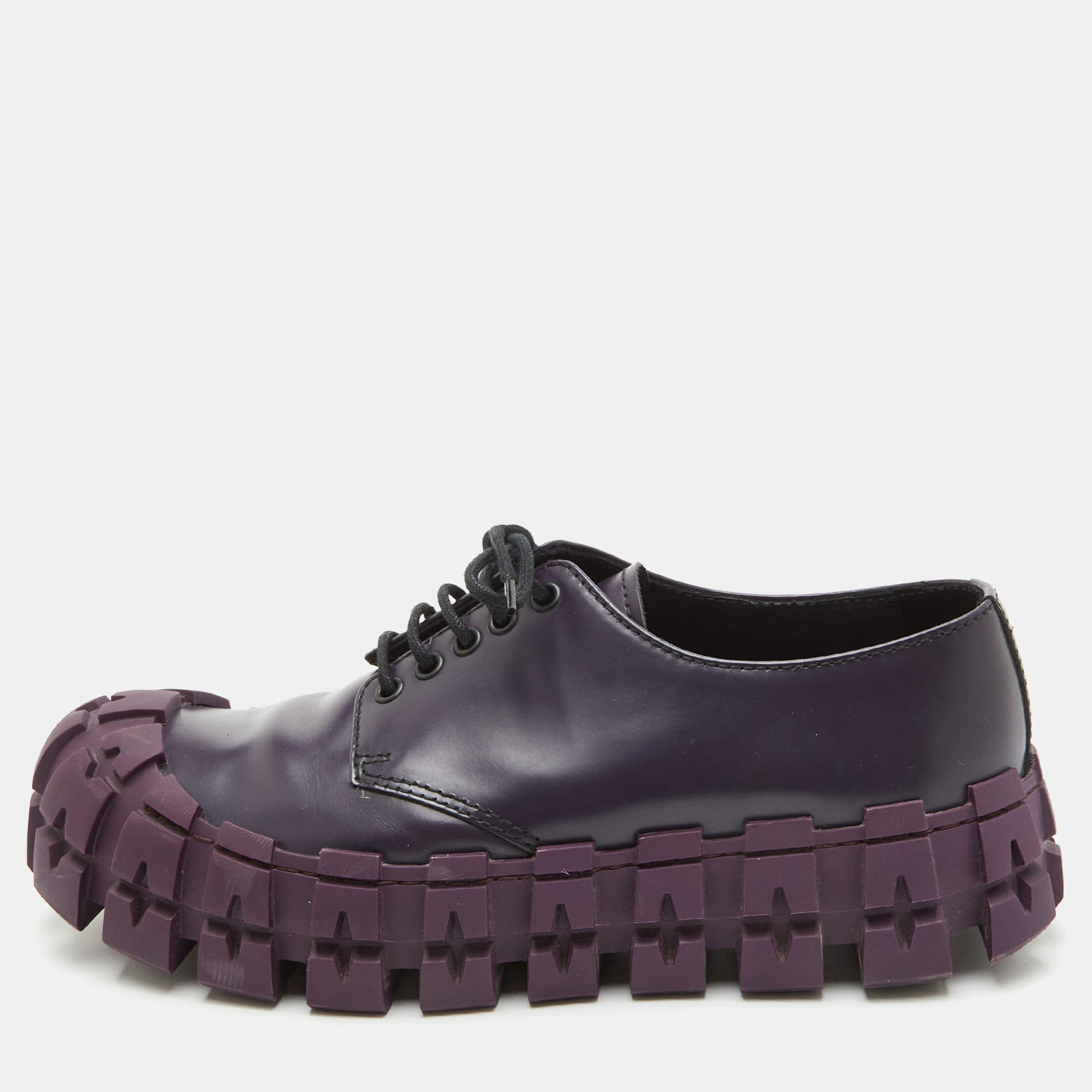 Pre Owned Prada Wheel Sole Size 42.5 Purple Brushed Leather Lace Up Derby