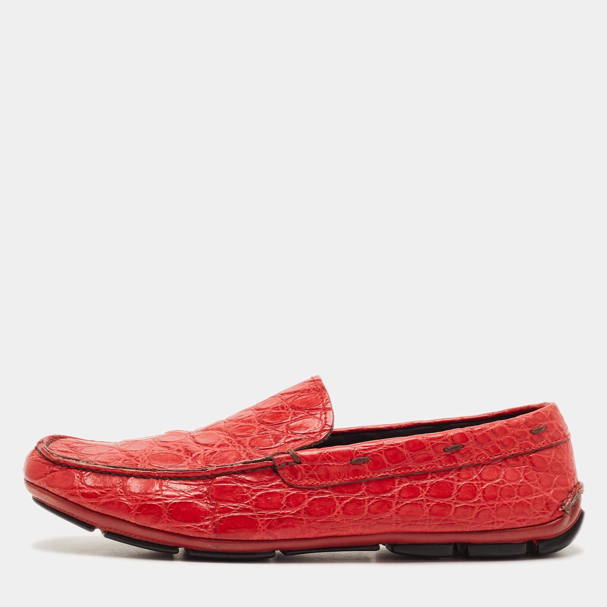 Pre Owned Prada Size 45 Red Crocodile Leather Slip On Loafers