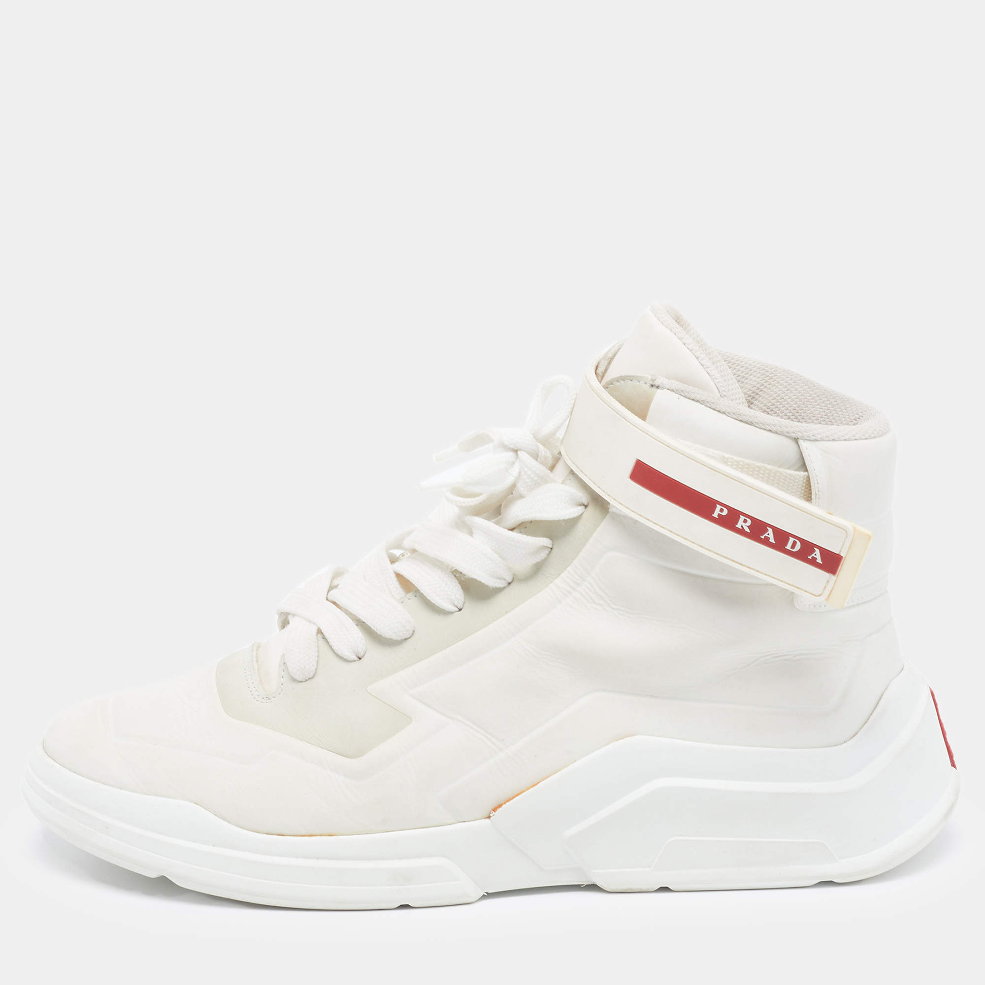 Pre Owned Prada Polarius Size 45 Two Tone Leather and Nubuck Leather High Top Sneakers