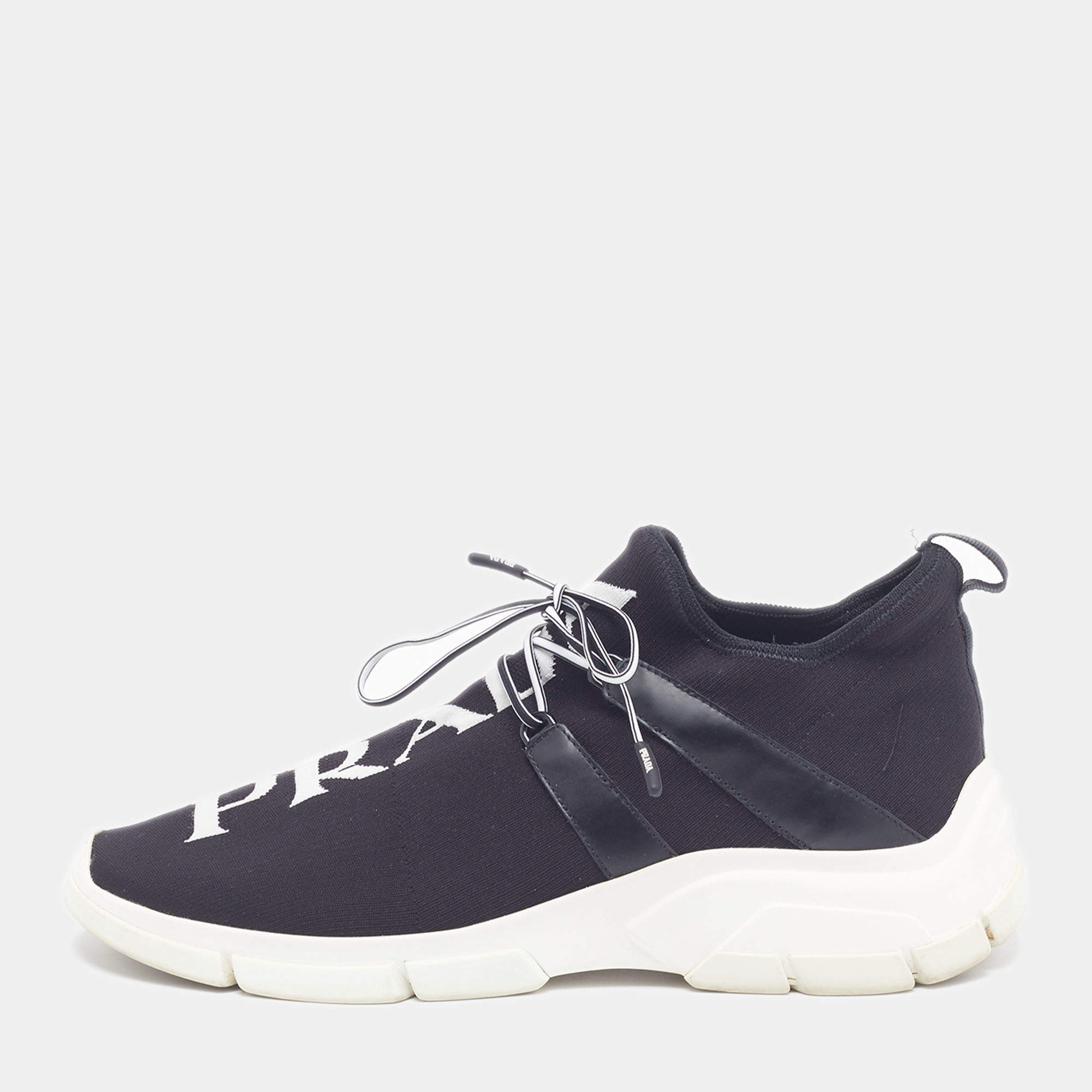 Pre Owned Prada Size 42 Black Knit Fabric and Leather Logo Low Top Sneakers