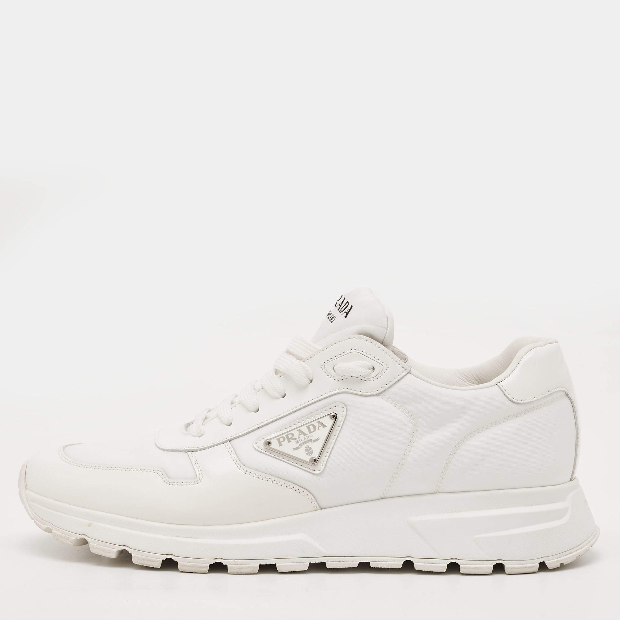 Pre Owned Prada Prax 01 Size 44.5 White Leather and Nylon Low Top Sneakers