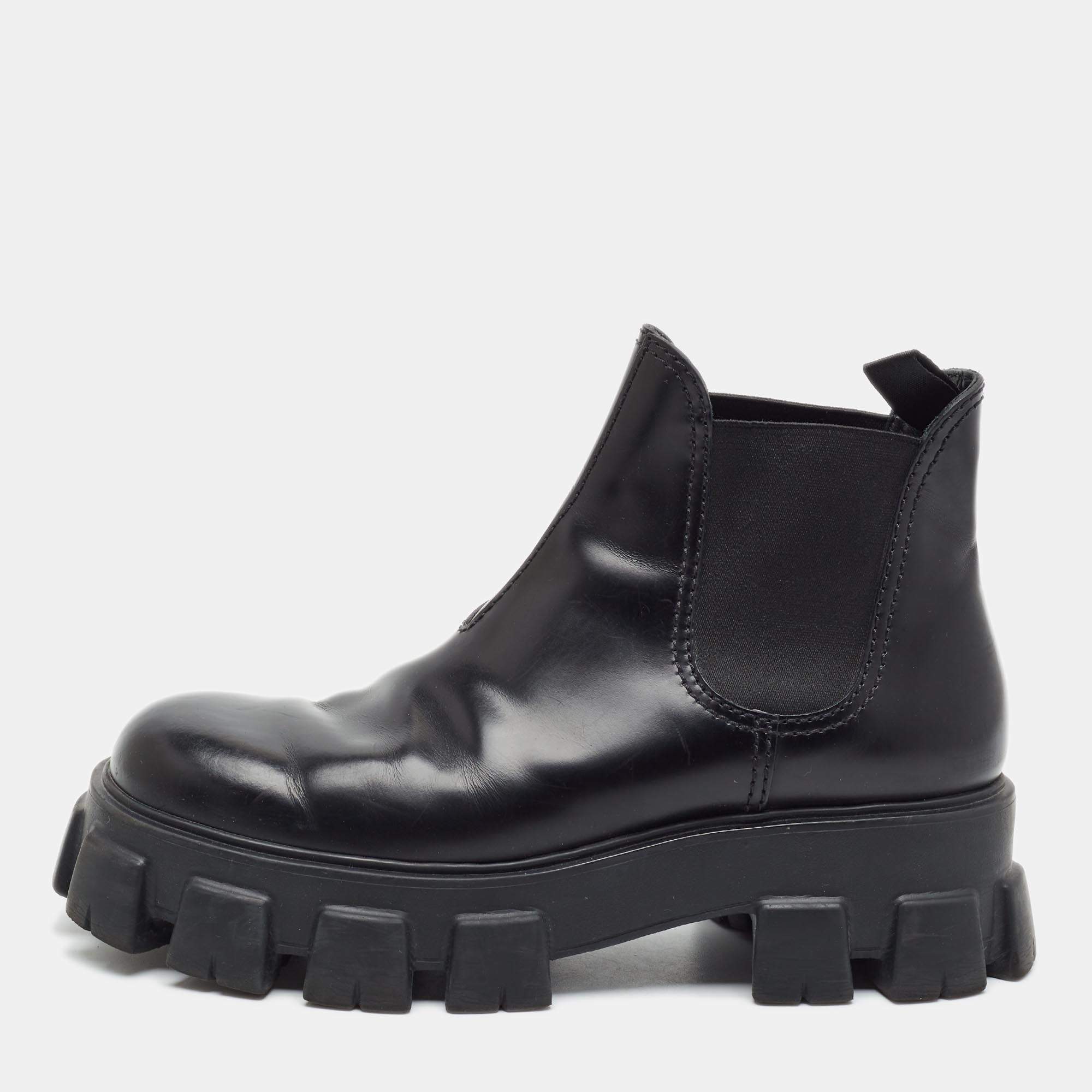 Pre Owned Prada Monolith Size 42 Black Leather Chelsea Boots