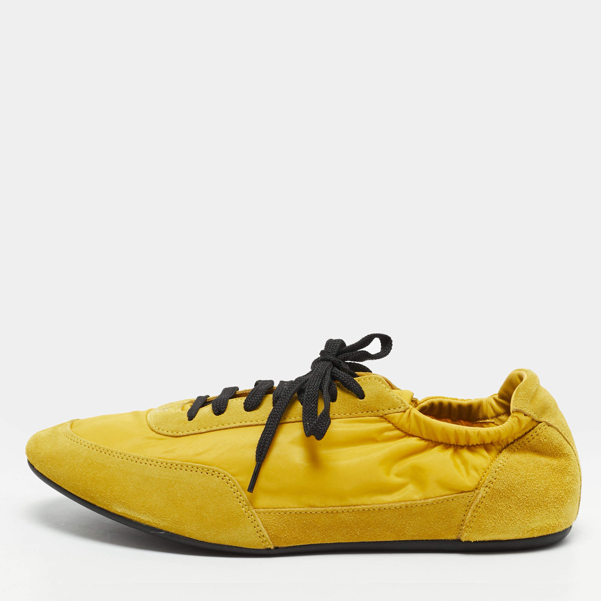 Pre Owned Prada Re-Nylon Size 41 Yellow Nylon and Suede Lace Up Sneakers