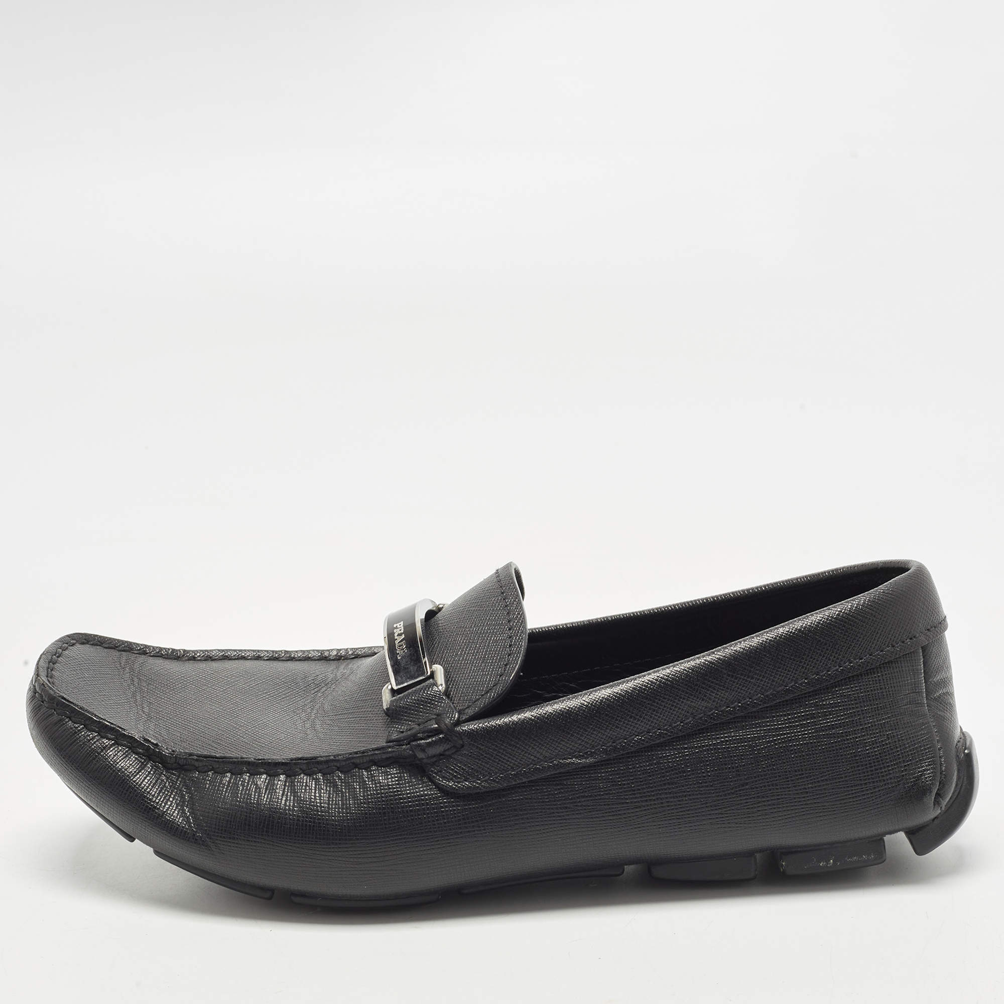 Pre Owned Prada Size 41.5 Black Saffiano Leather Driver  Loafers