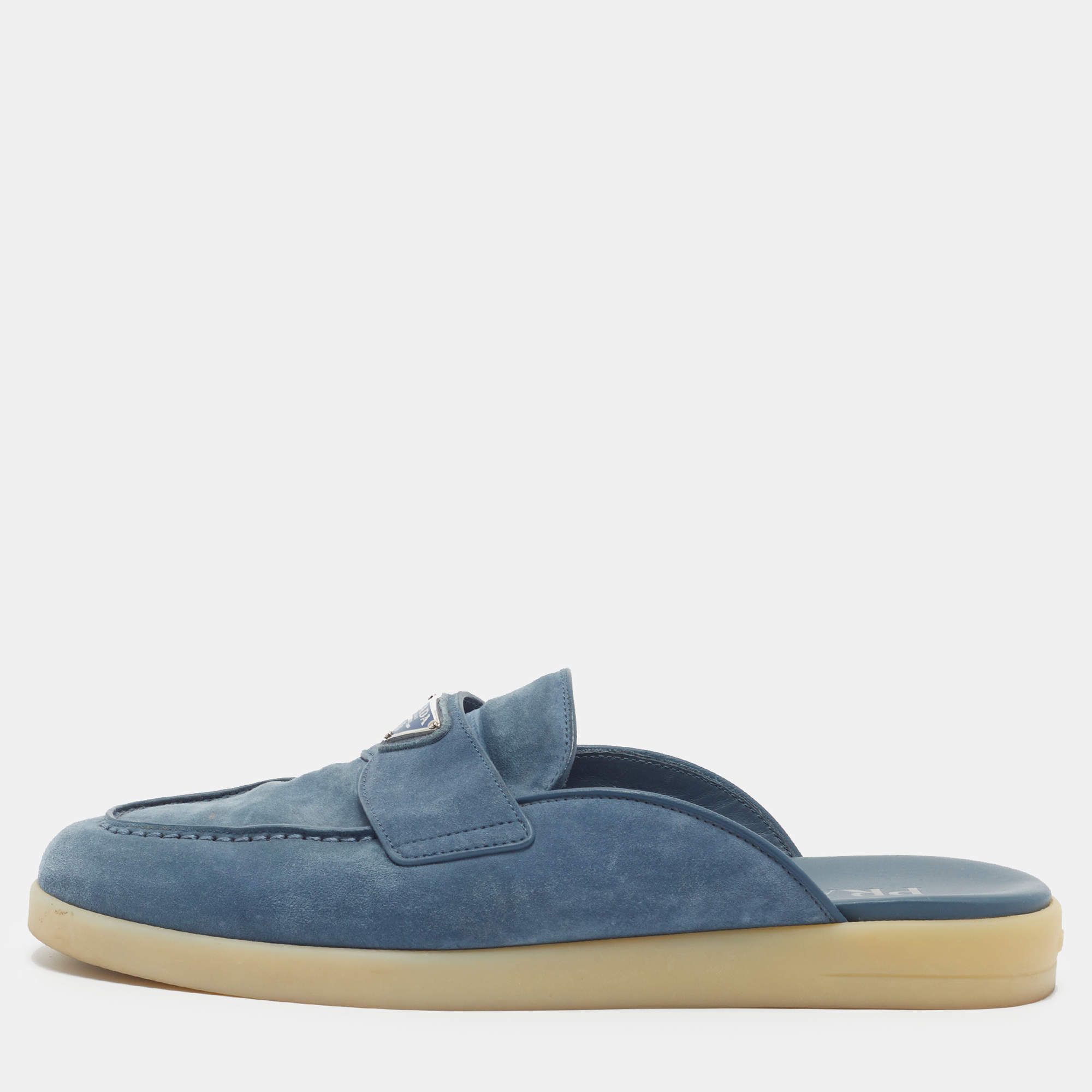 Pre Owned Prada Tropez Logo Size 41 Blue Suede Mules