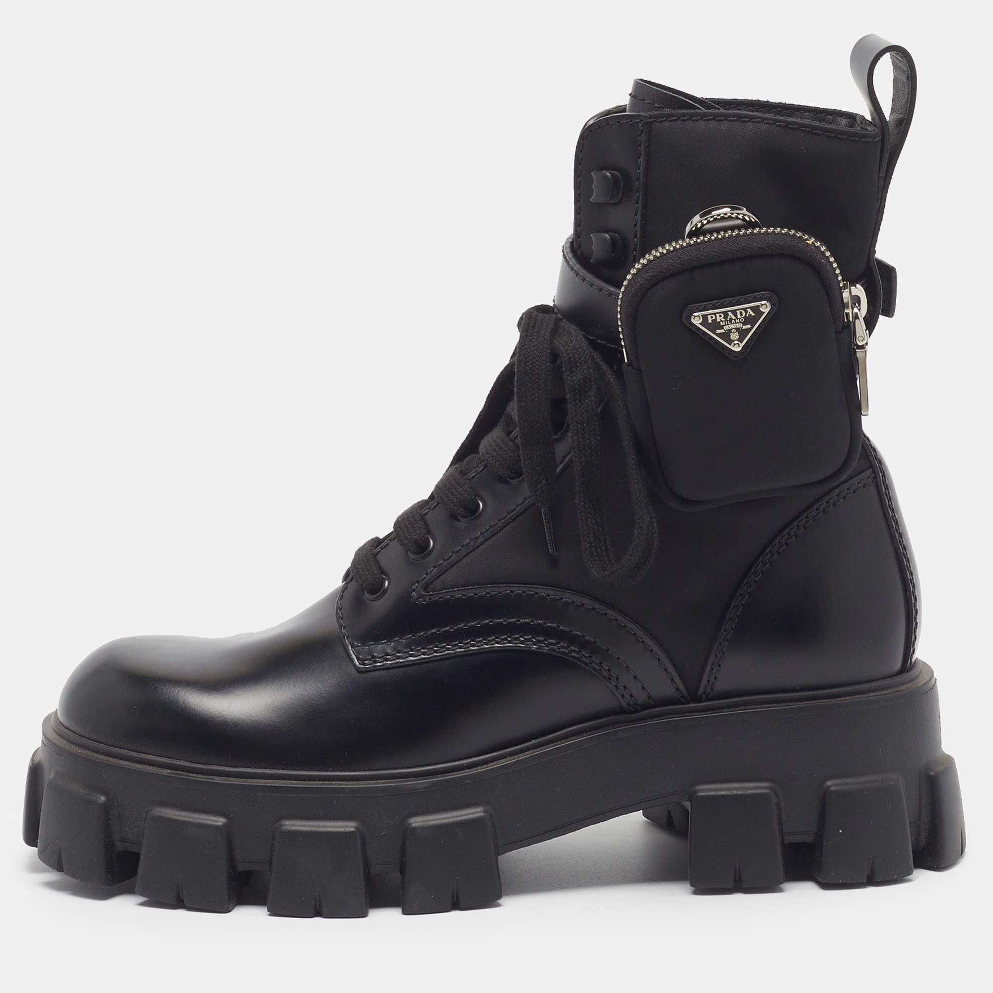 Pre Owned Prada Monolith Size 42 Black Leather and Nylon Ankle Length Boots