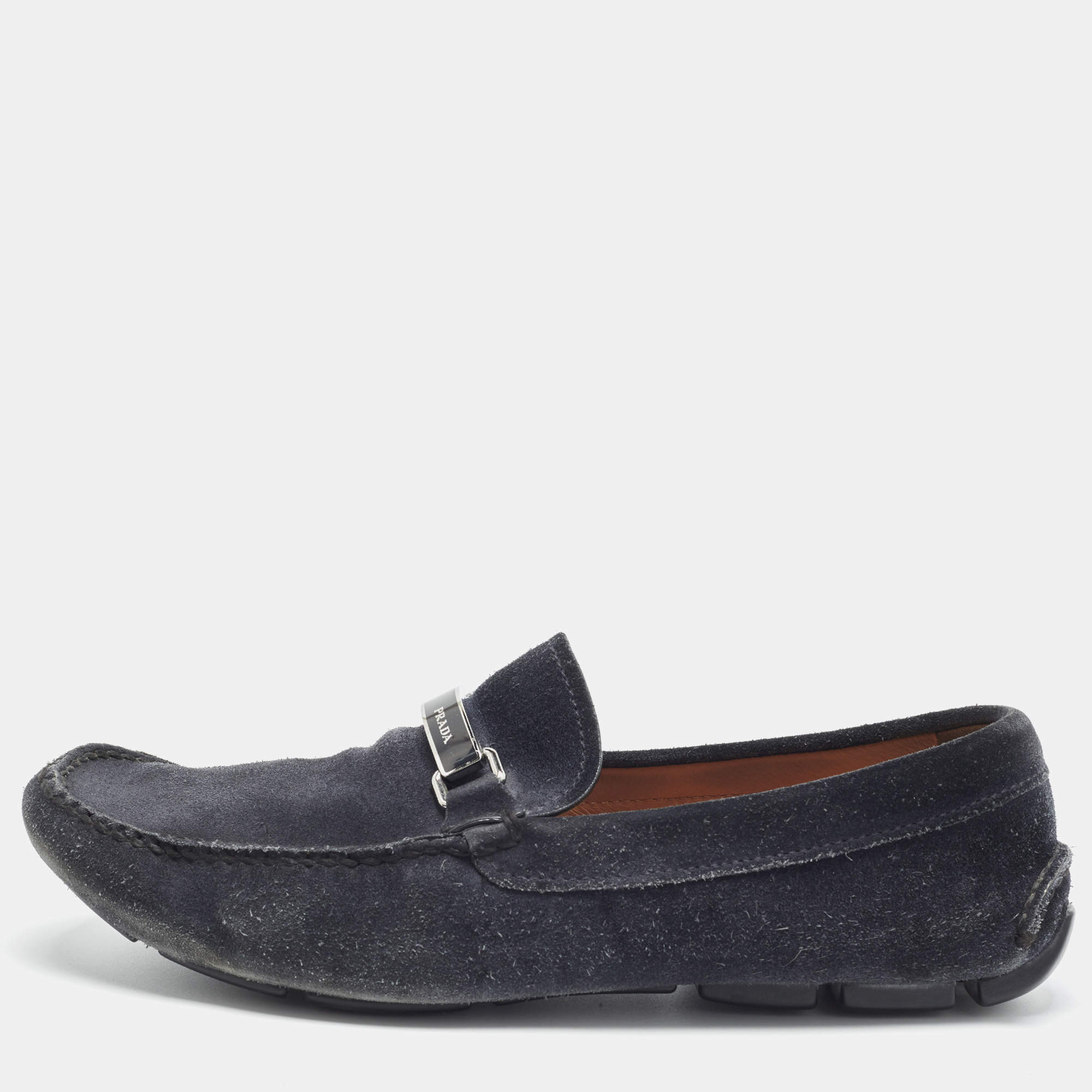 Pre Owned Prada Size 41.5 Navy Blue Suede Penny Loafers
