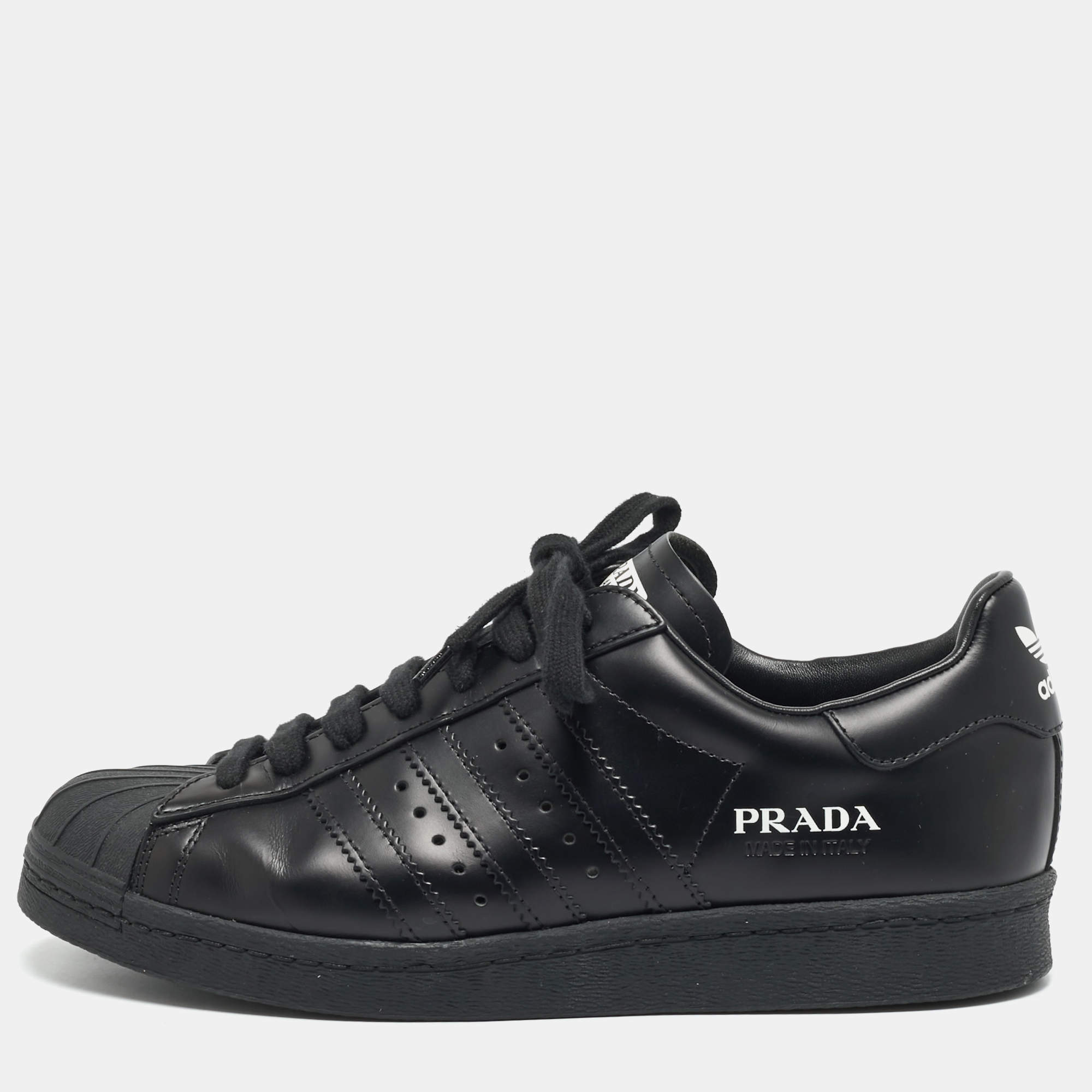 Pre Owned Prada x Adidas Superstar Size 39.5 Black Leather Lace Up Sneakers