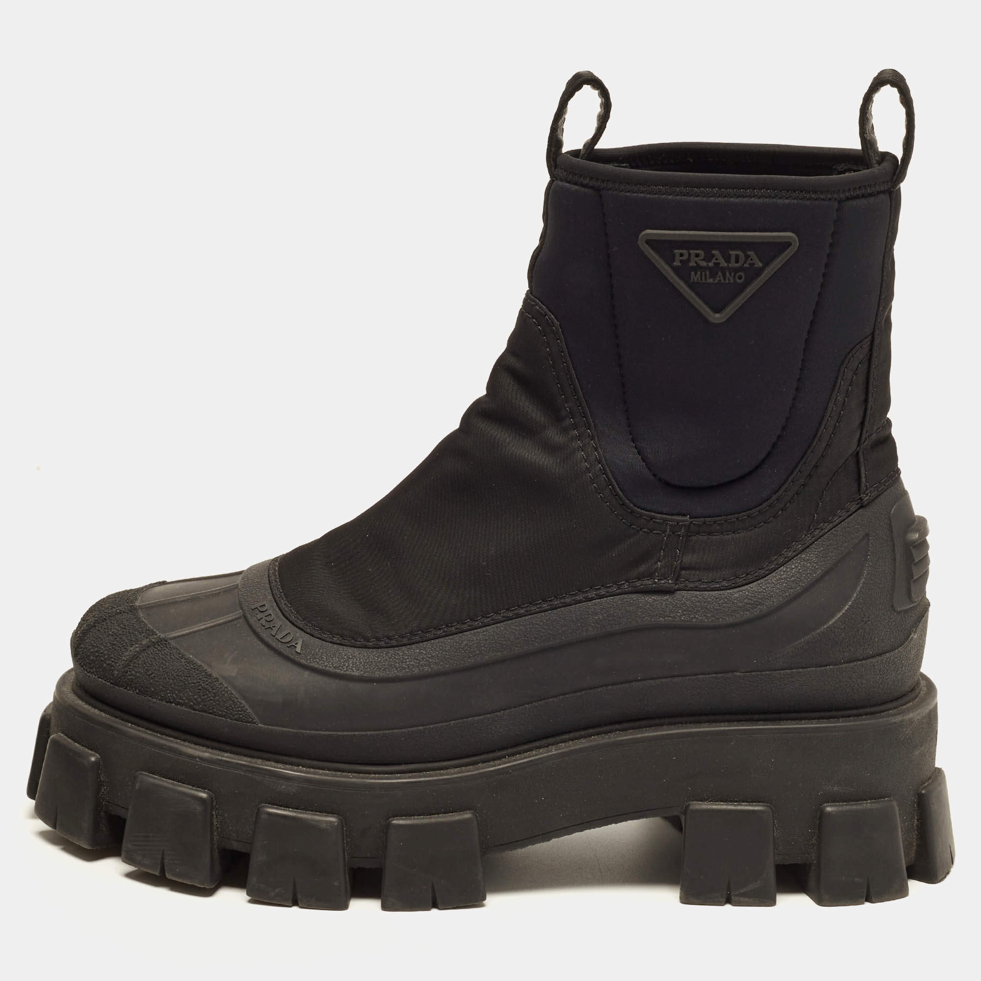 مملوكة مسبقًا Prada Monolith Size 41.5 Black Neoprene and Rubber Ankle Length Boots