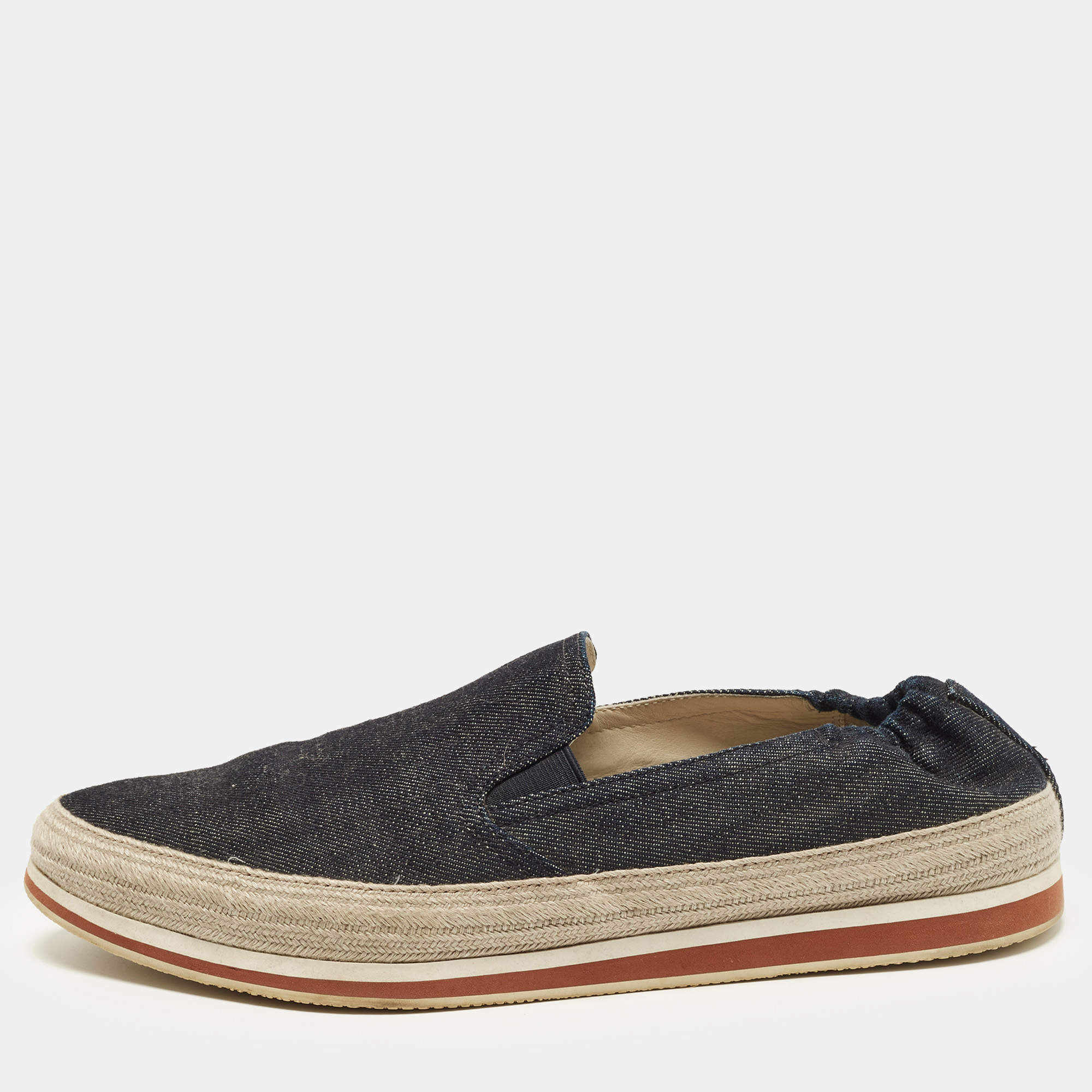 Pre Owned Prada Size 43.5 Navy Blue Denim Scrunch Slip On Sneakers
