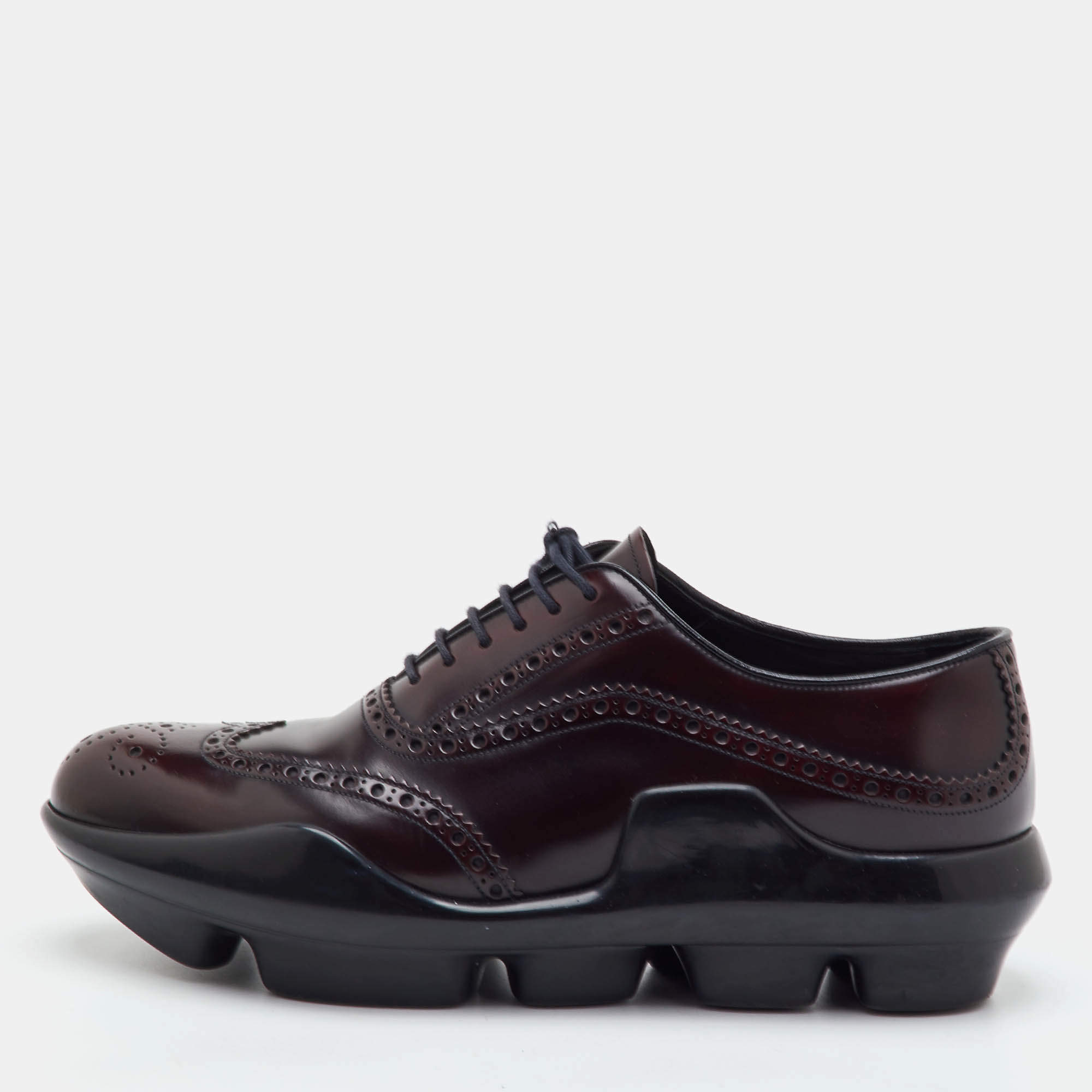 Pre Owned Prada Size 42 Burgundy Brogue Leather Wingtip Lace Up Oxfords