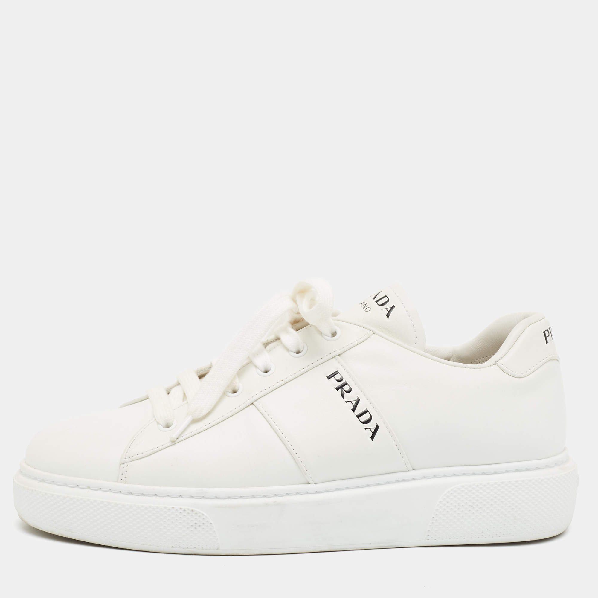 Pre Owned Prada logo court Size 41 White Leather Lace Up Sneakers