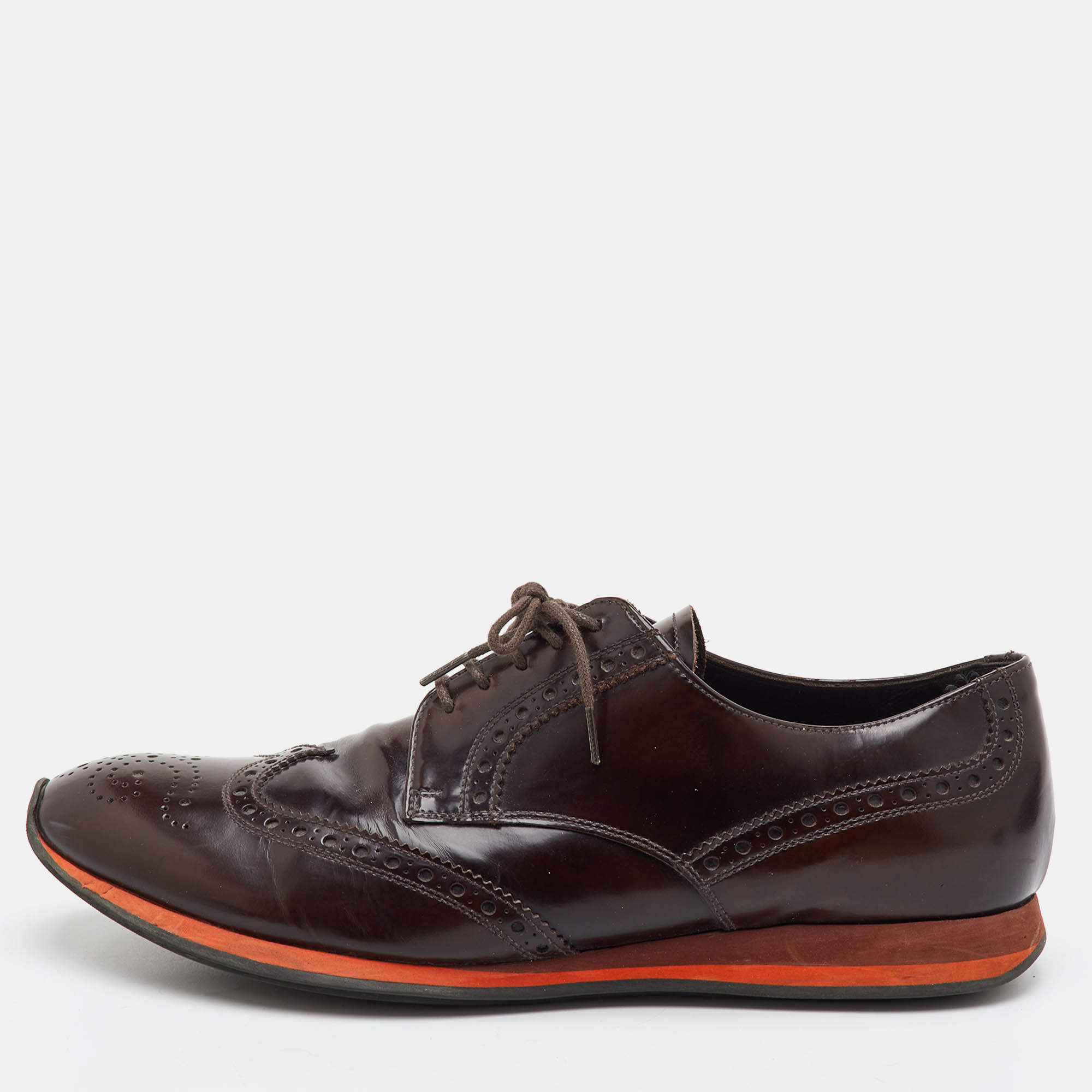 Pre Owned Prada Size 42 Dark Brown Brogue Leather Lace Up Wingtip Derby