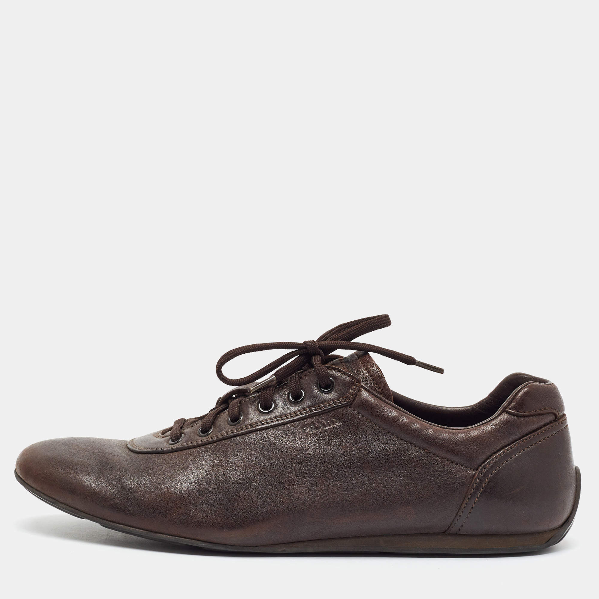 Pre Owned Prada Size 41 Dark Brown Leather Lace Up Sneakers
