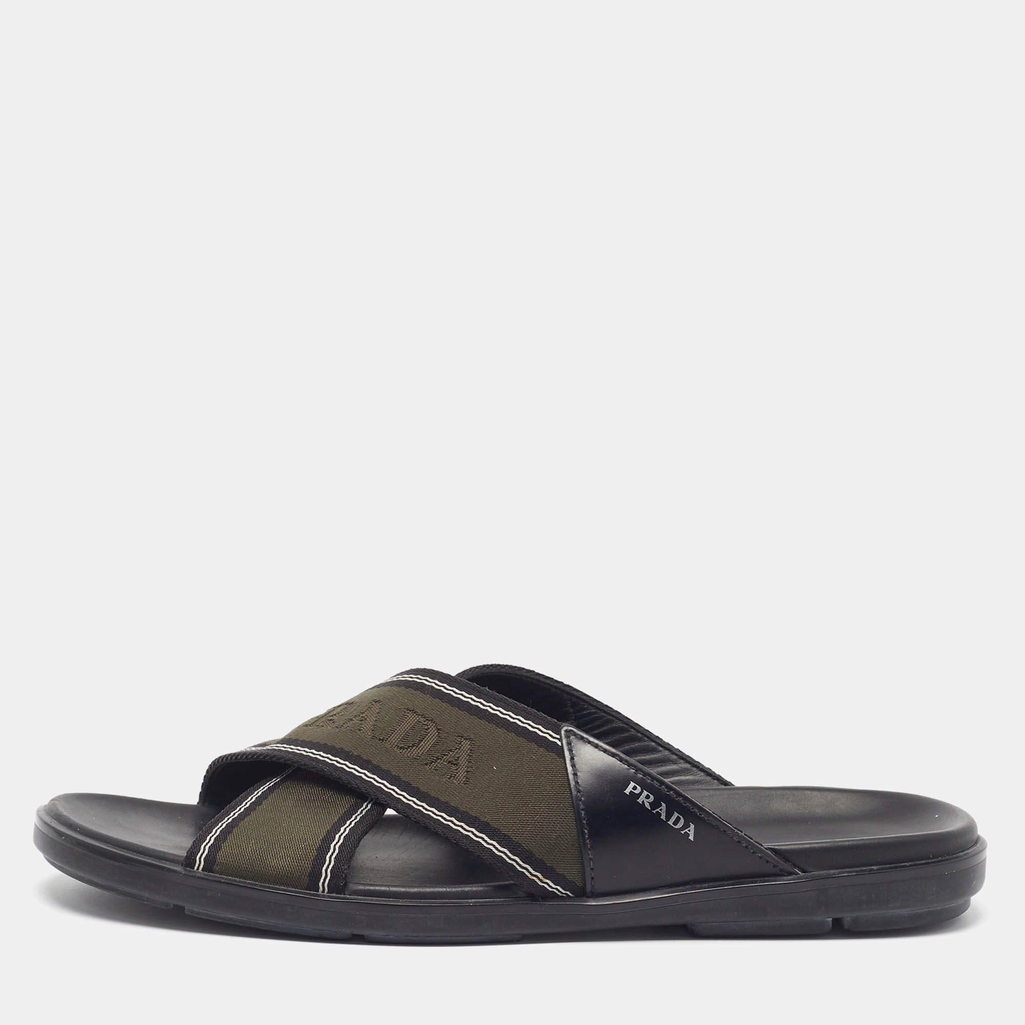 Pre Owned Prada Size43.5 Green/Black Canvas and Leather Logo Tape Crisscross Flat Slide