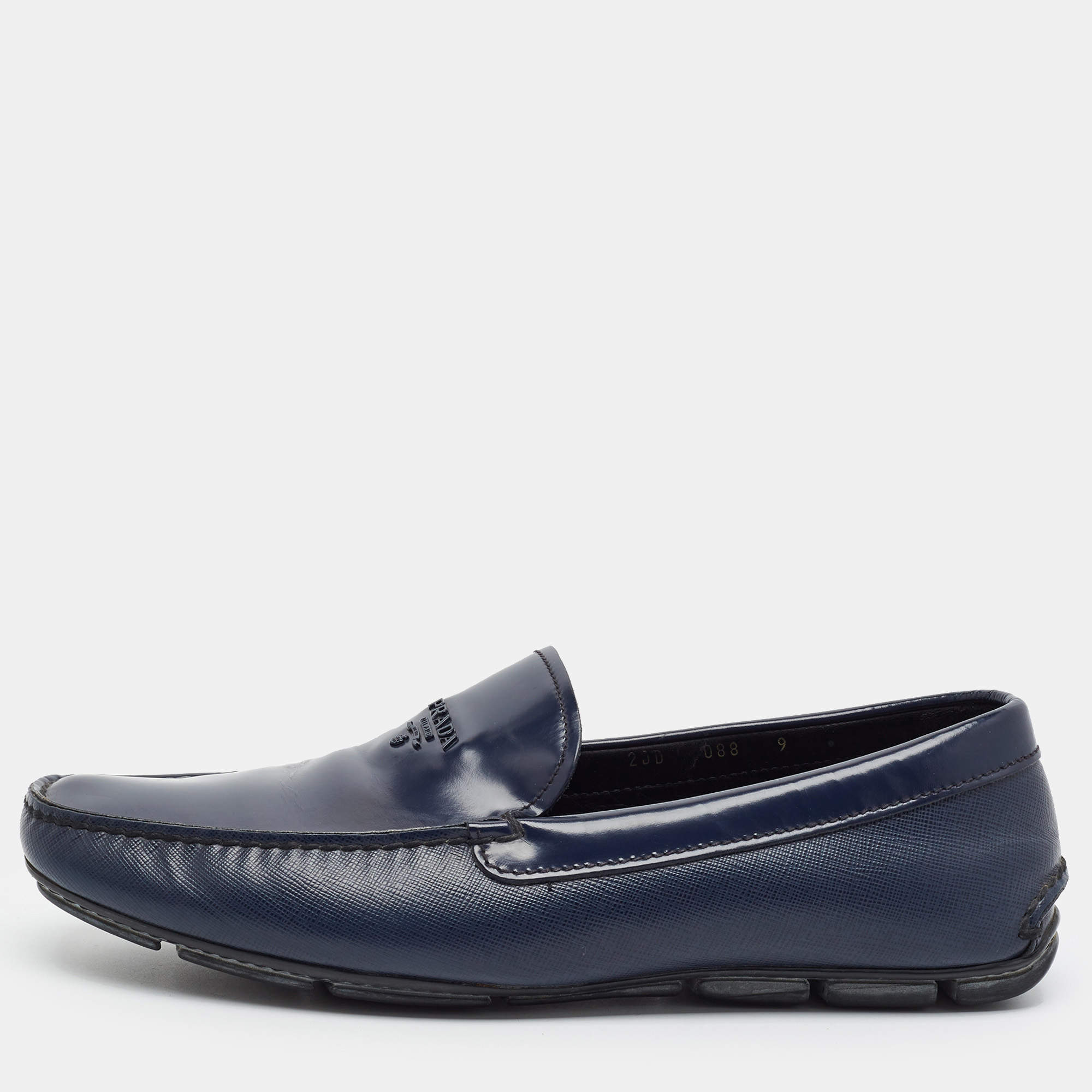 Pre Owned Prada Size 43 Blue Leather Triangle Logo Loafers